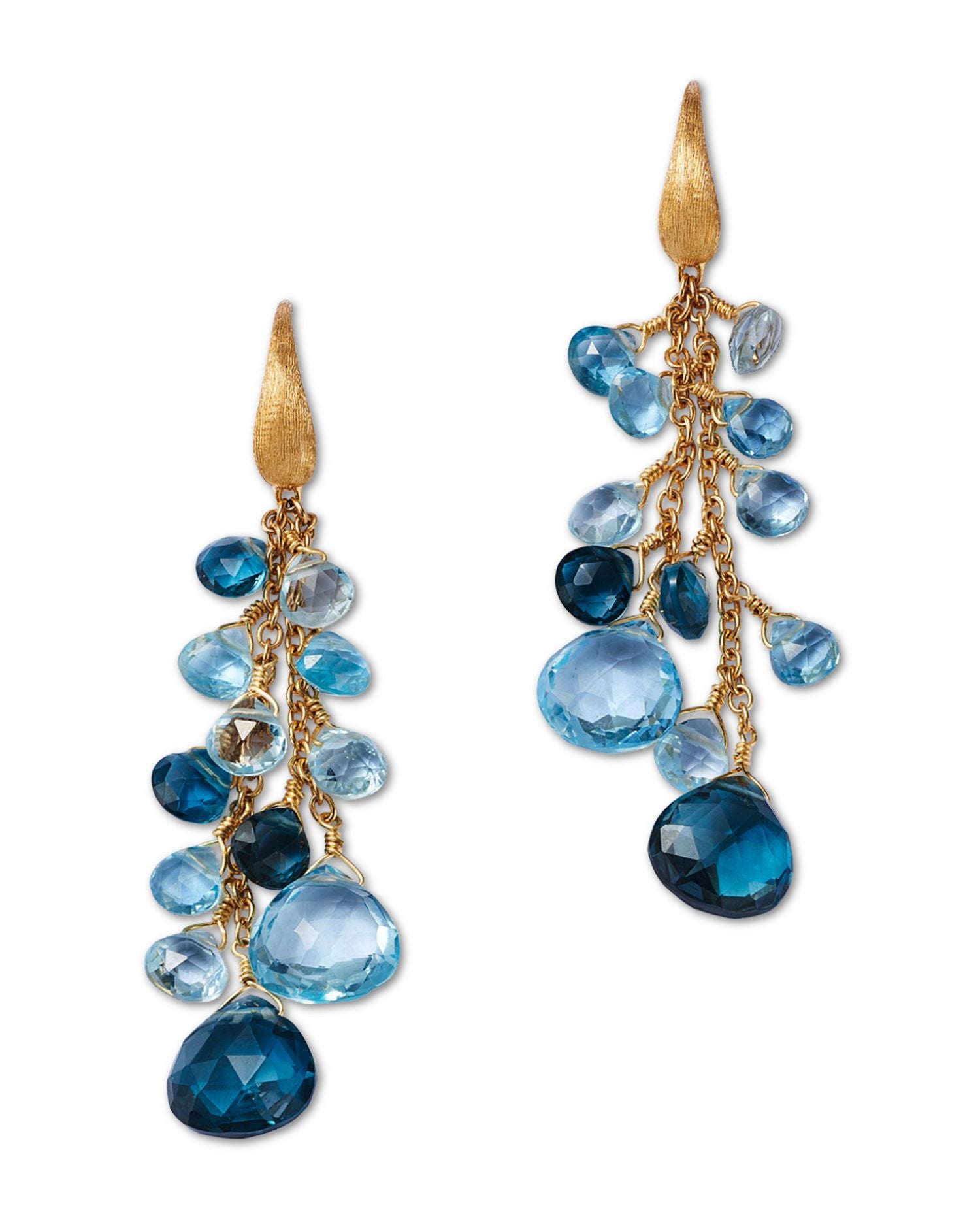 18K Yellow Gold Paradise Topaz Swiss Blue & London Blue Topaz Multi Strand Statement Drop Earrings