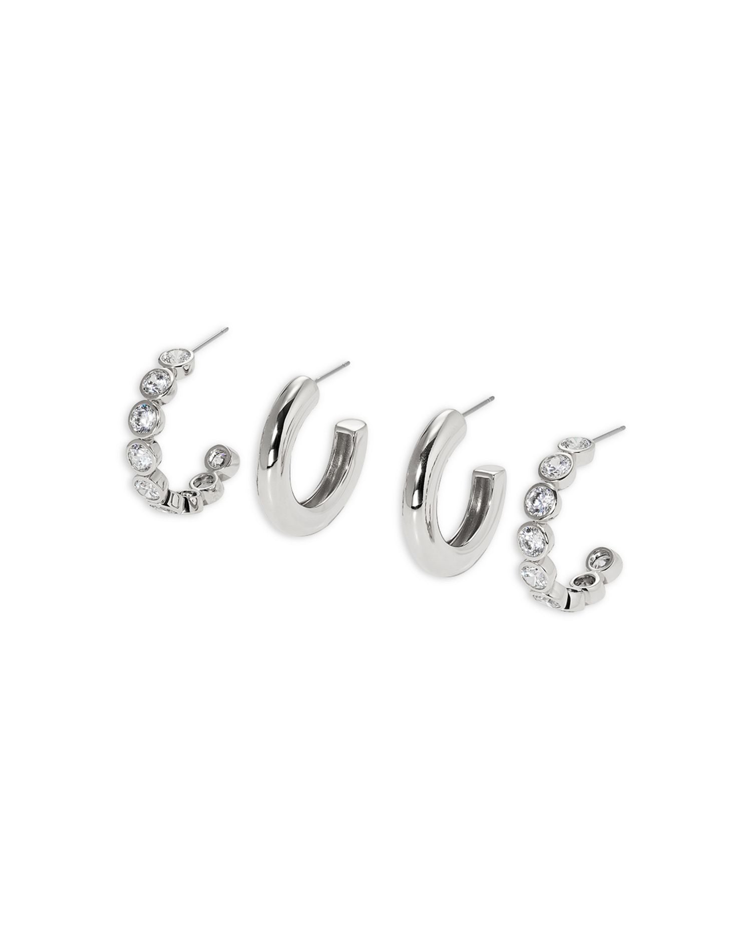 Polished & Cubic Zirconia Bezel Small Hoop Earrings, Set of 2