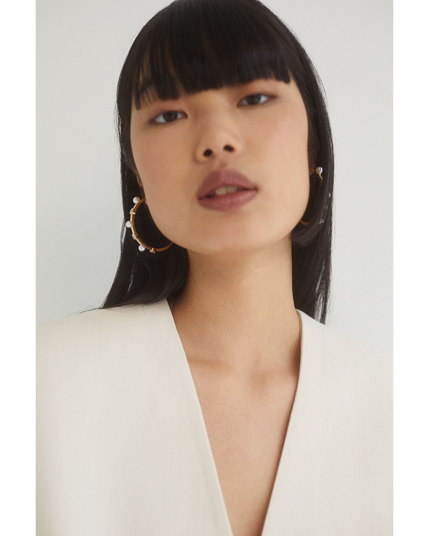 Imitation Pearl & Cubic Zirconia Large C Hoop Earrings