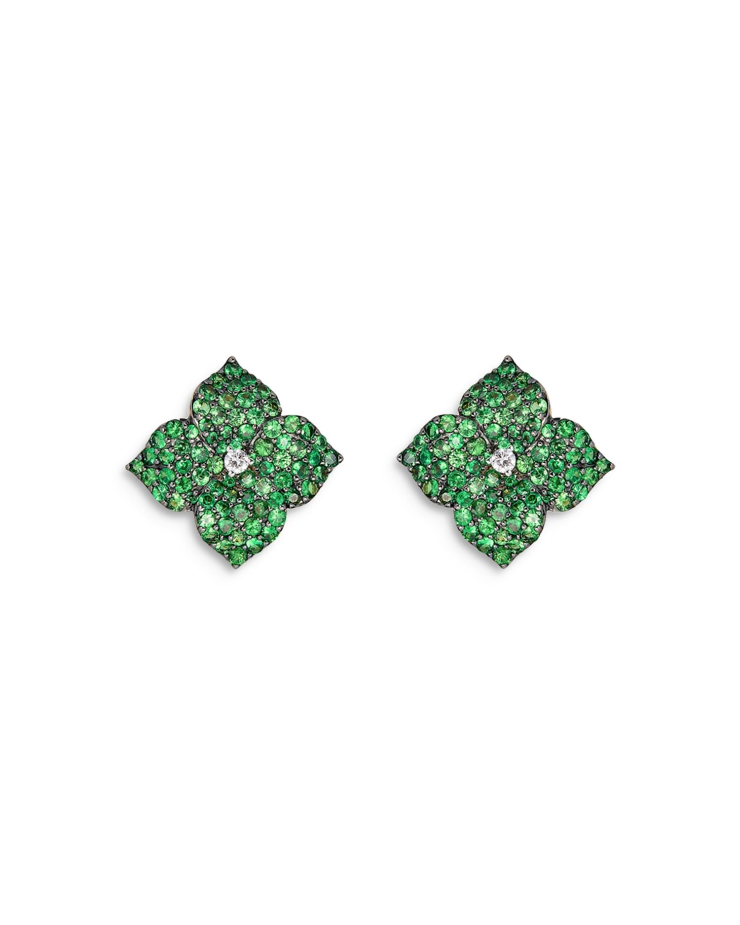 18K Yellow Gold Small Fiore Earrings with Green Tsavorite Garnets and Diamonds
