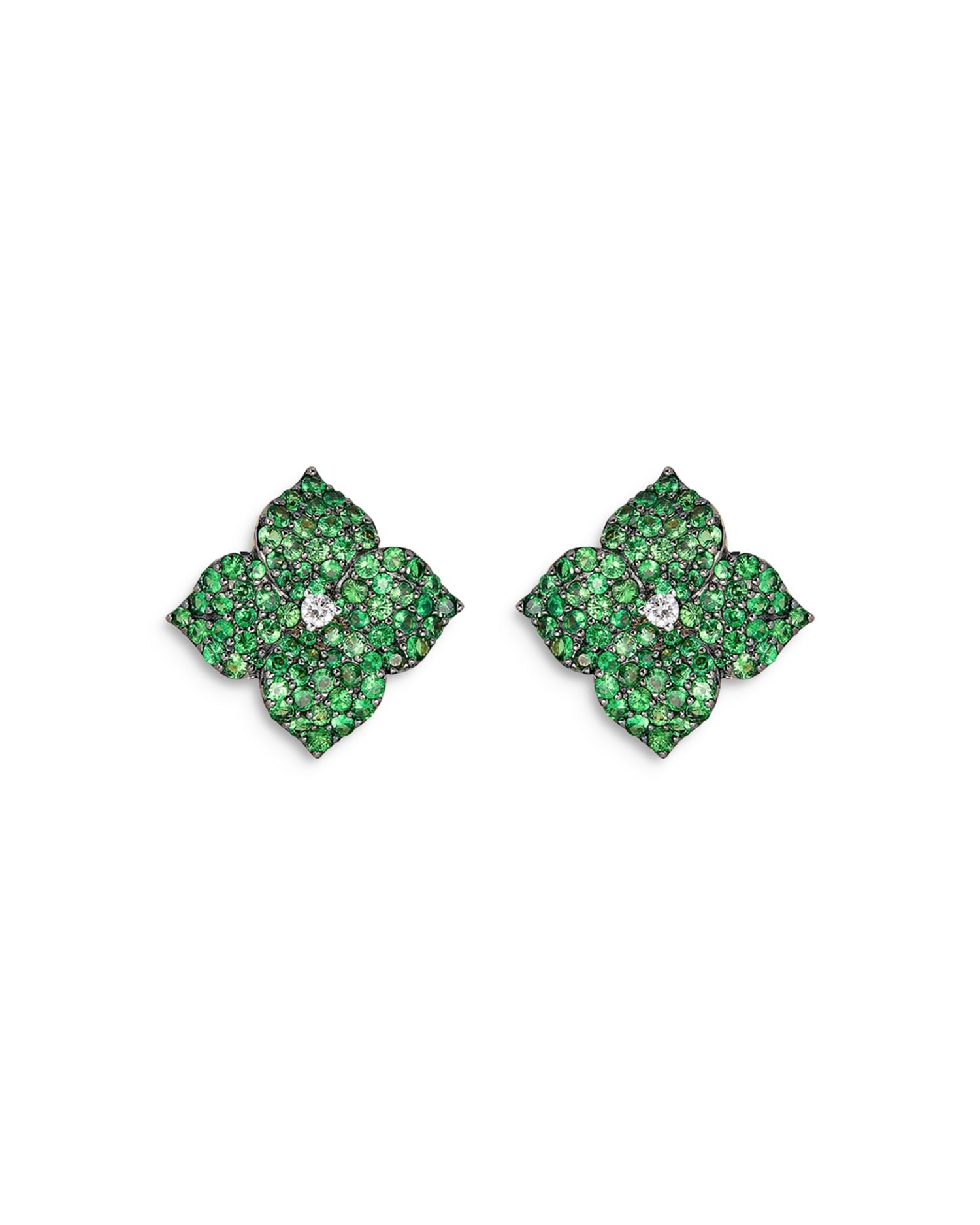 18K Yellow Gold Large Fiore Earrings with Green Tsavorite Garnets and Diamonds
