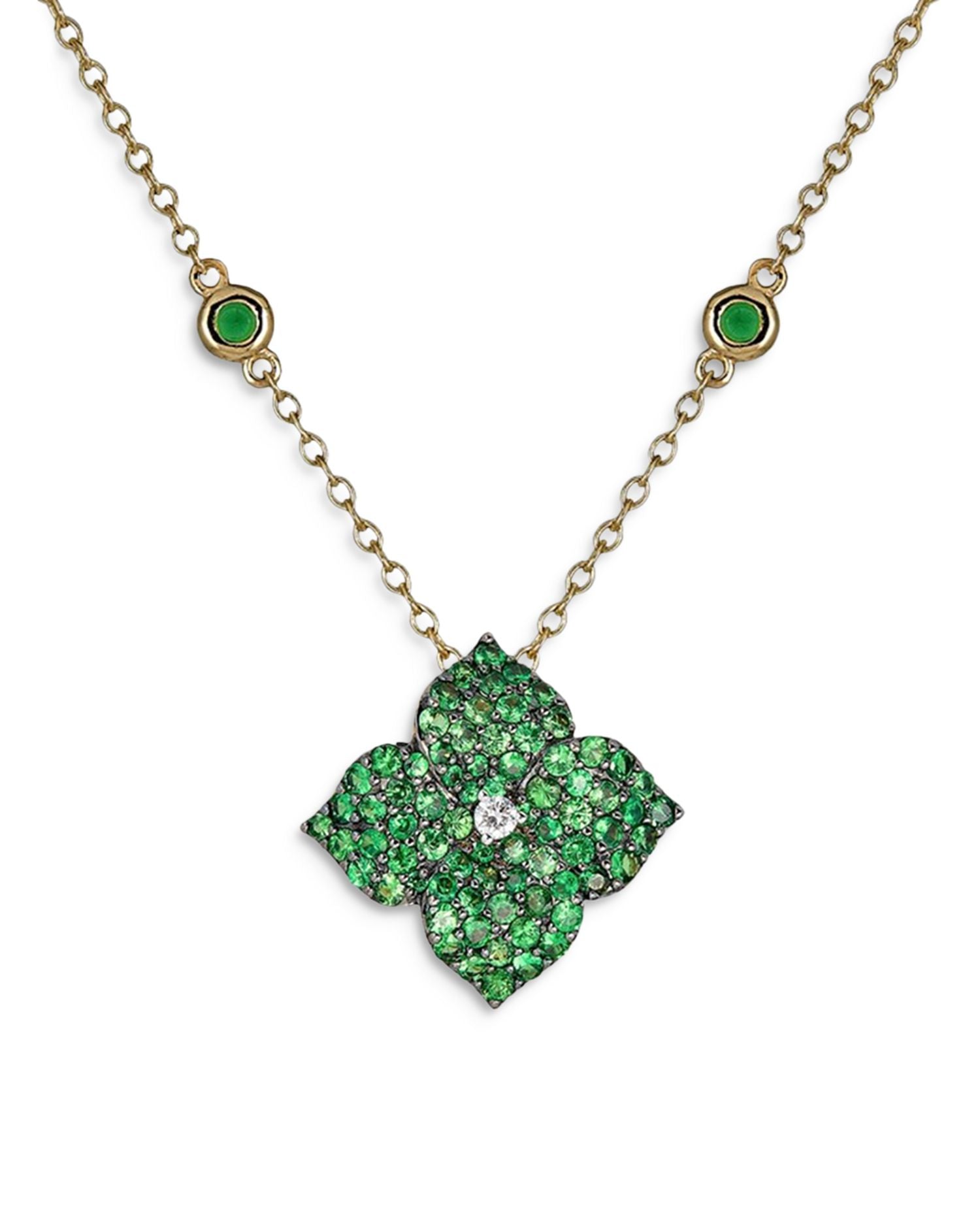 18K Yellow Gold Small Fiore Necklace with Green Tsavorite Garnets and Diamonds