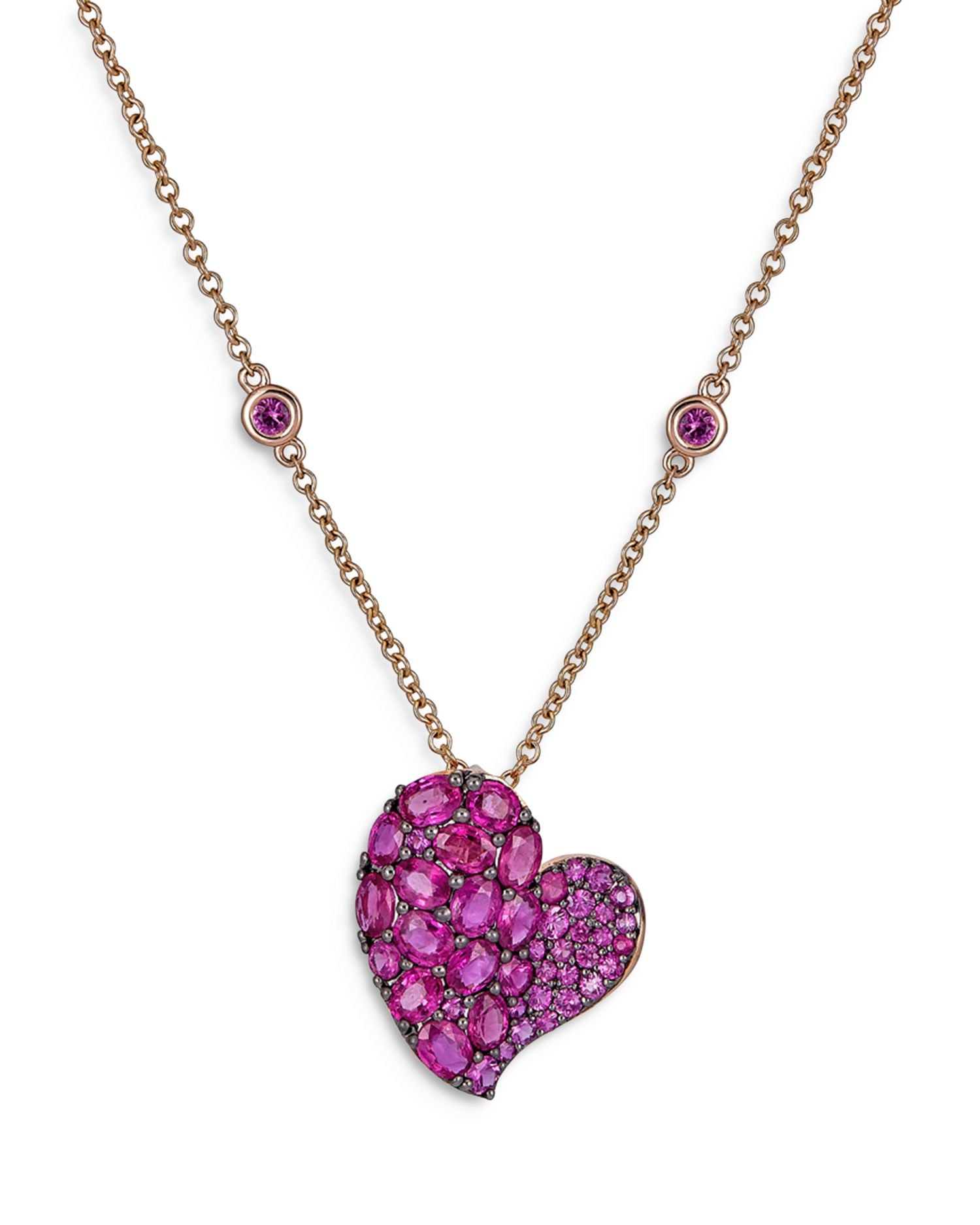 18K Rose Gold Wave Heart Pink Sapphire Pavé Pendant Necklace, 16-18'