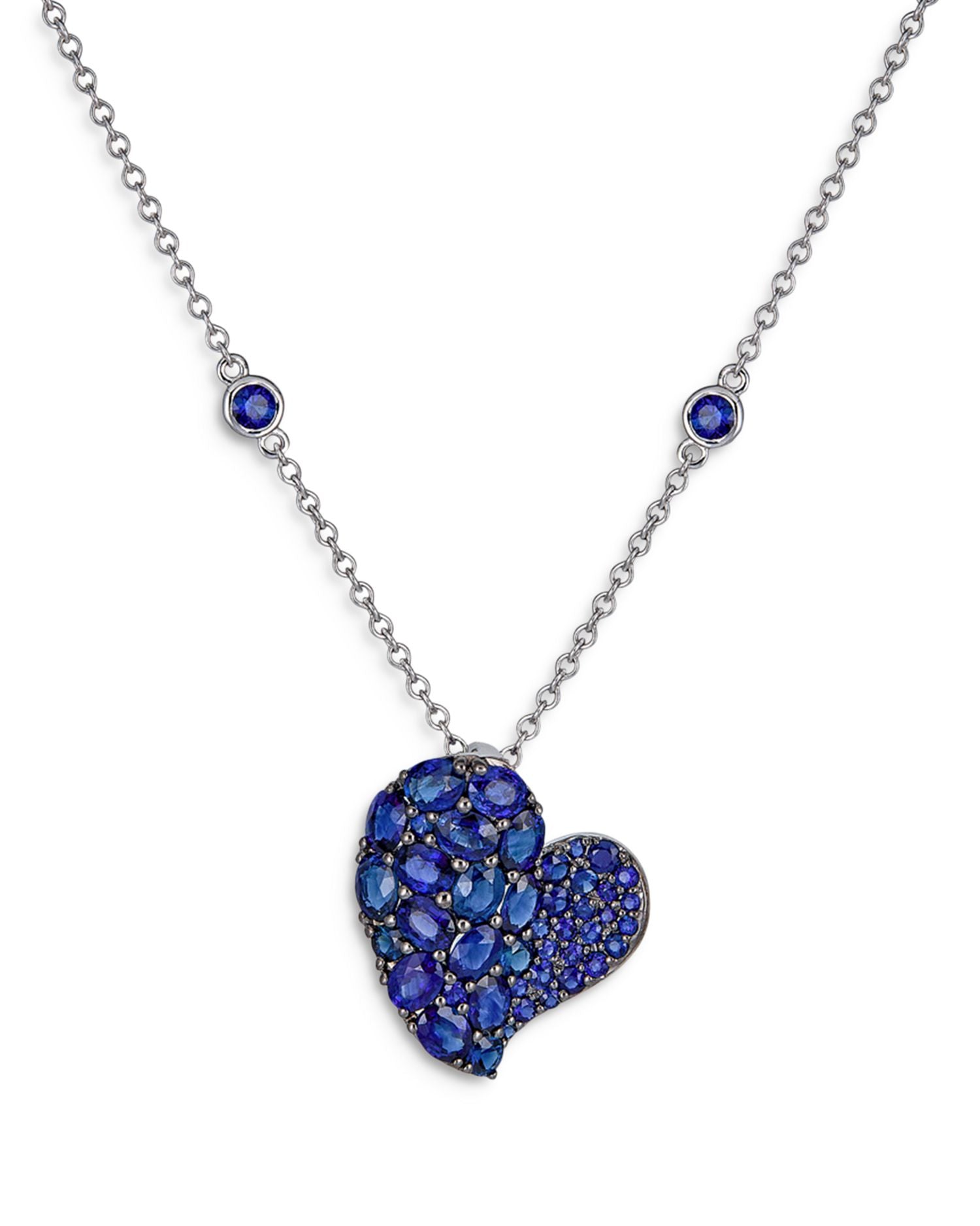 18K White Gold Wave Heart Blue Sapphire Pavé Pendant Necklace, 16-18'