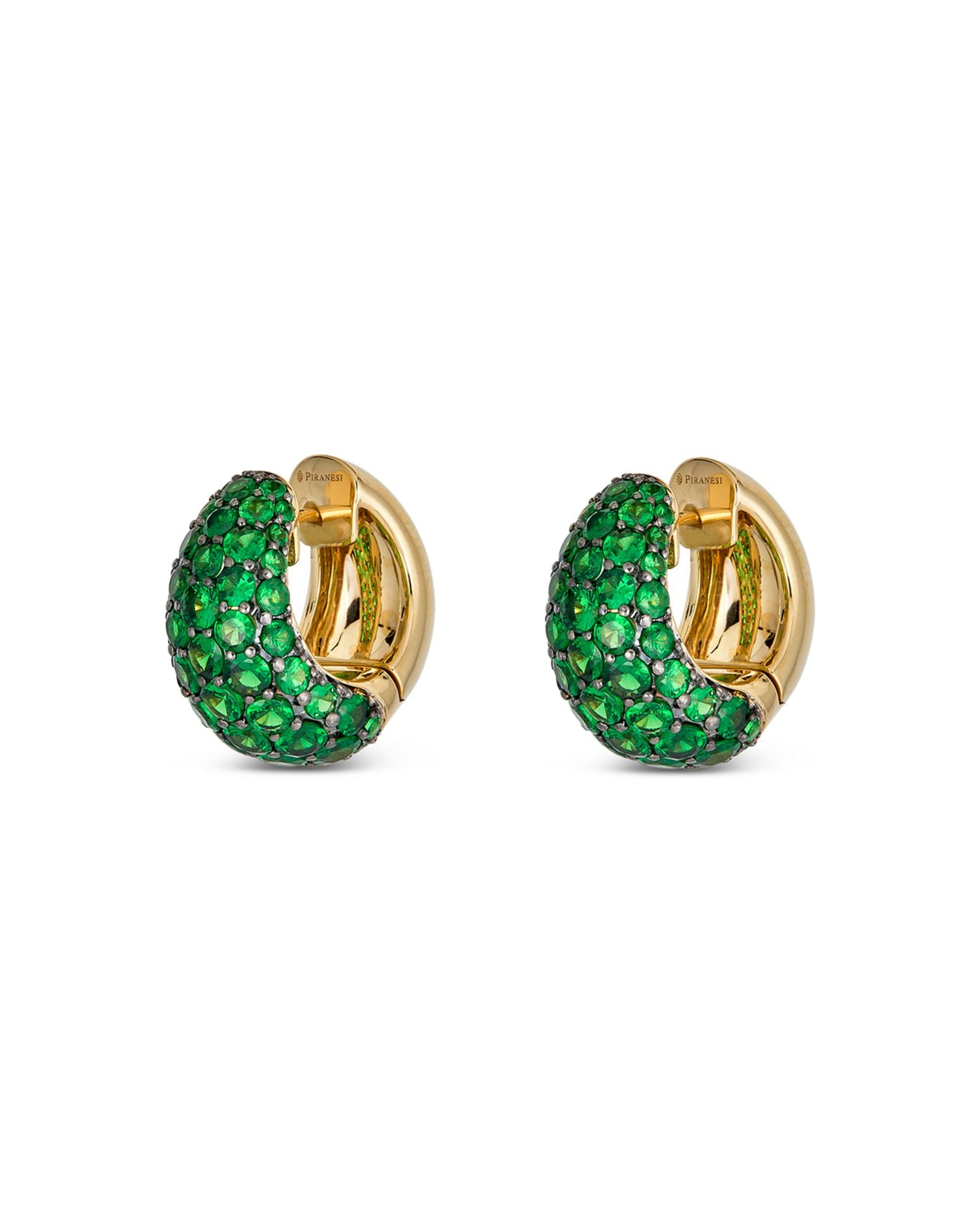 18K Yellow Gold Dome Huggie Hoop Earrings with Green Tsavorite Garnets