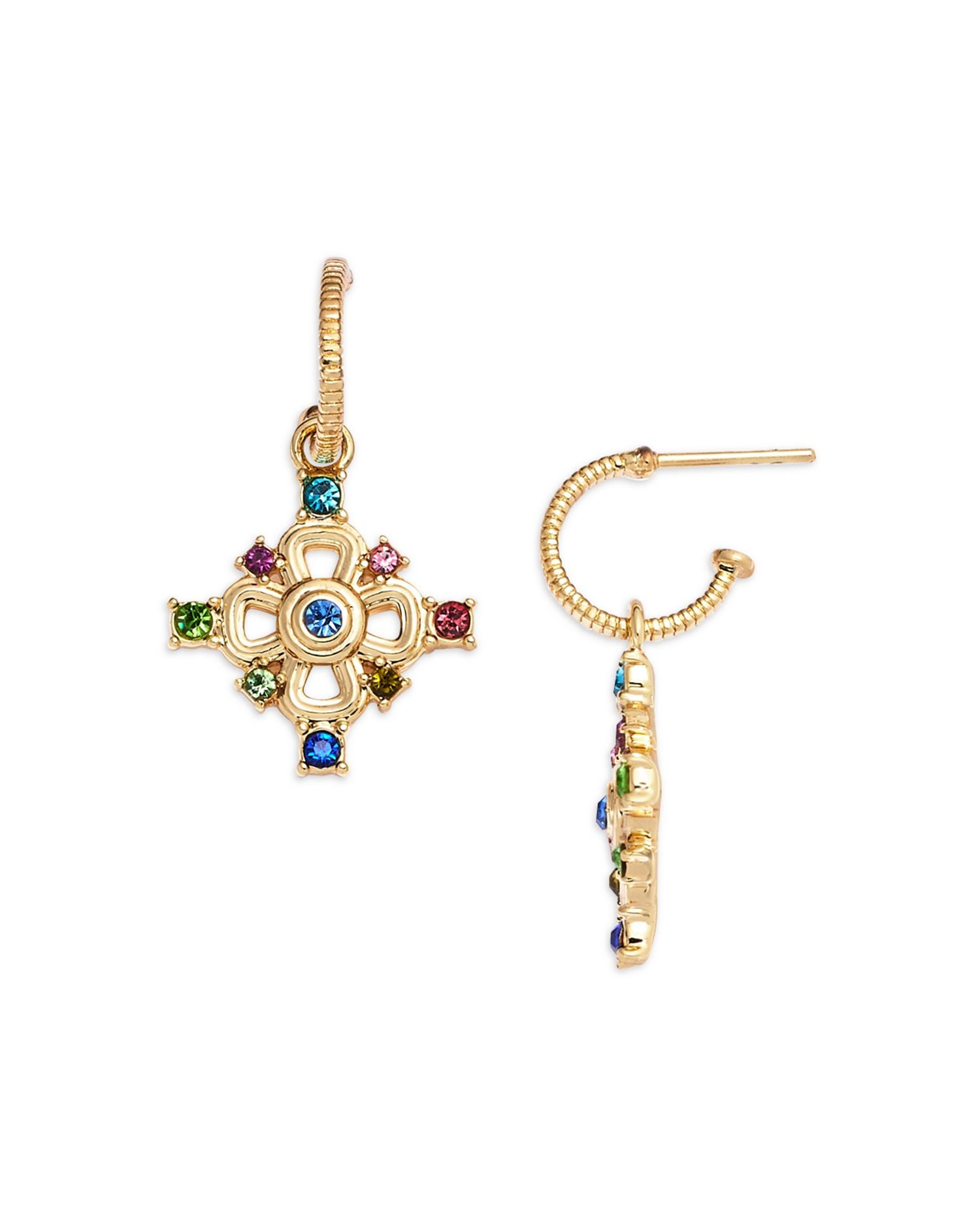 Multicolor Crystal Italy Cross Charm Hoop Earrings in 14K Gold Plated - Exclusive