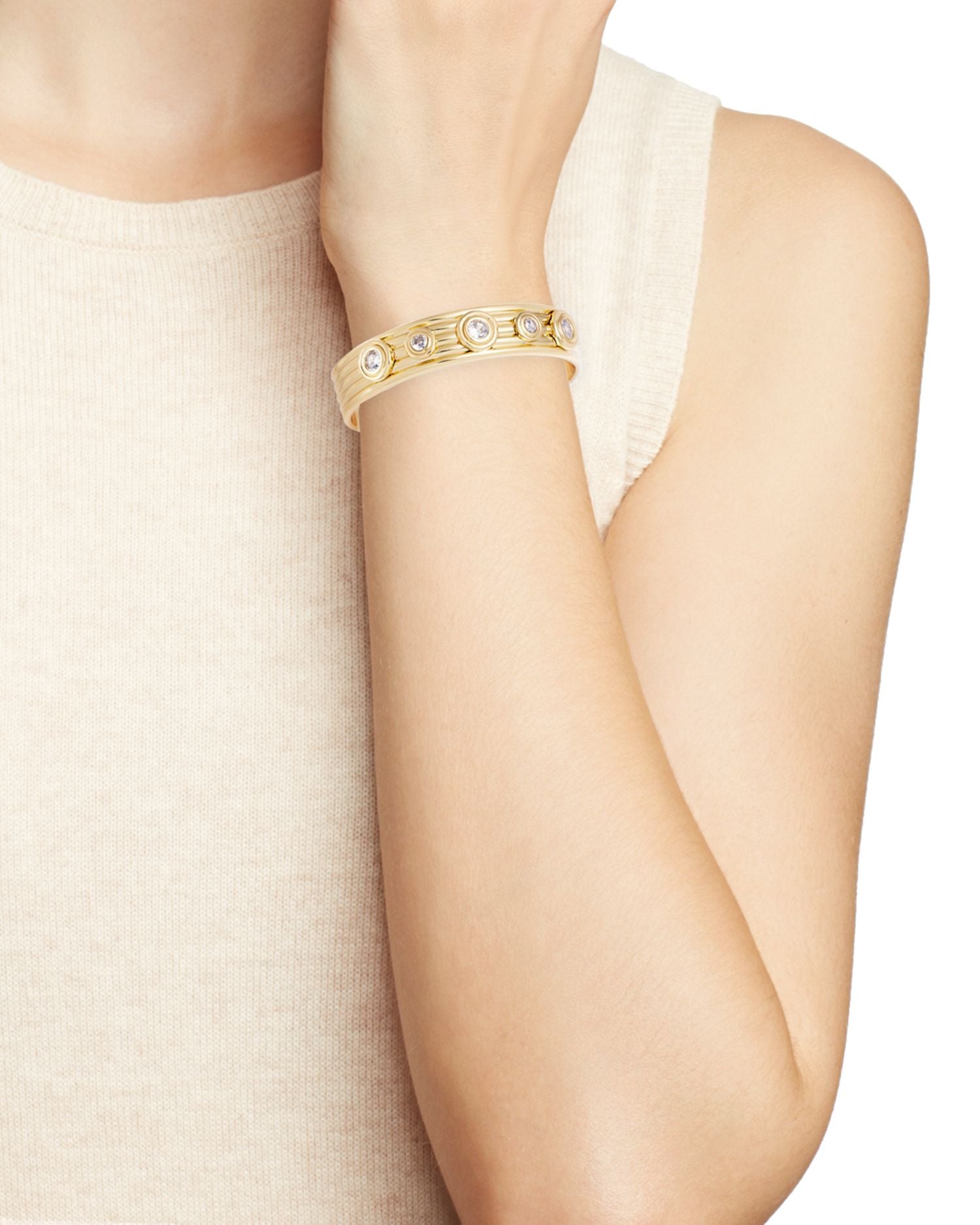 Cubic Zirconia Ribbed Cuff Bracelet in 14K Gold Plated - Exclusive