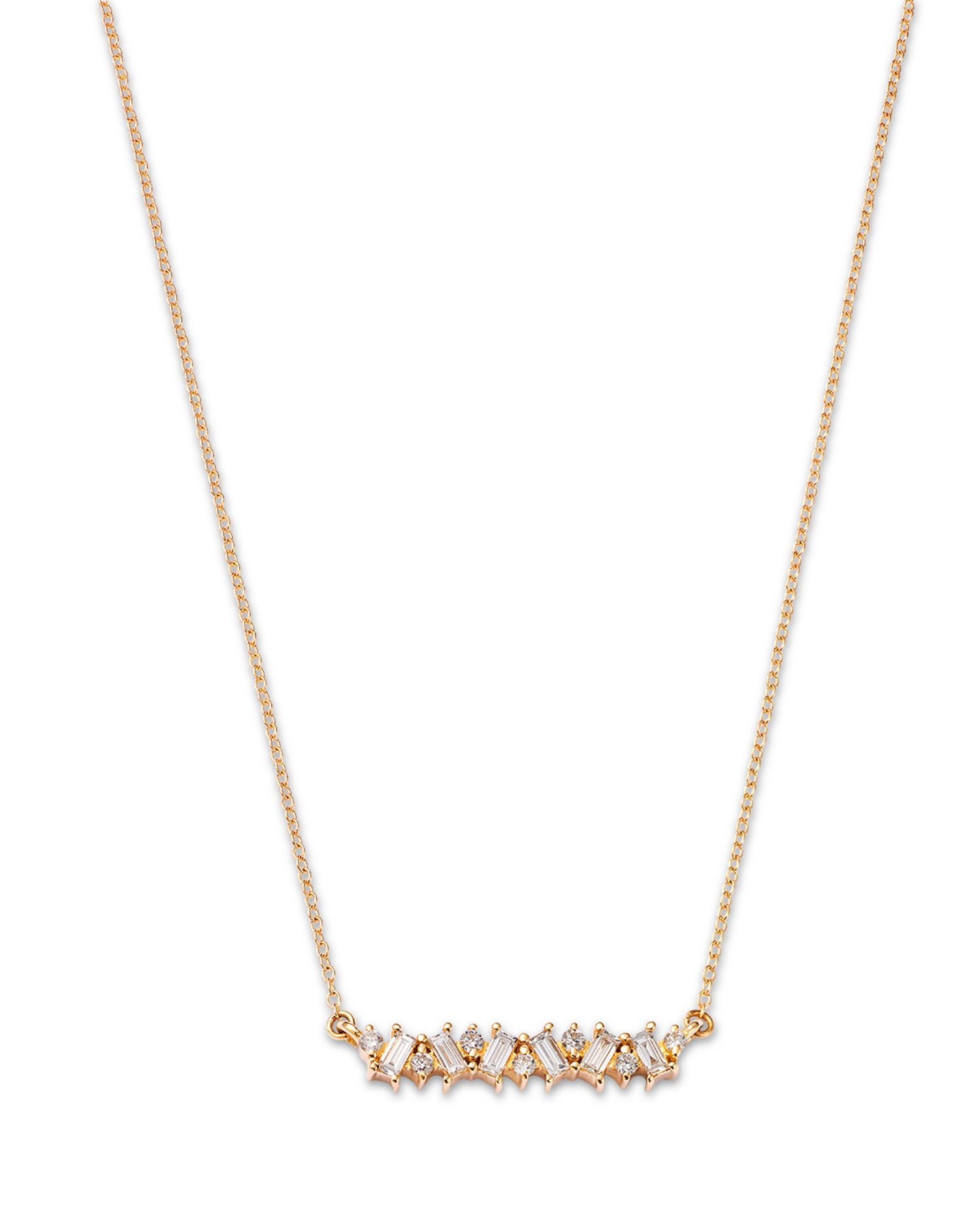 14K Yellow Gold Lab Grown Diamond Round & Baguette Bar Necklace, 16-20'