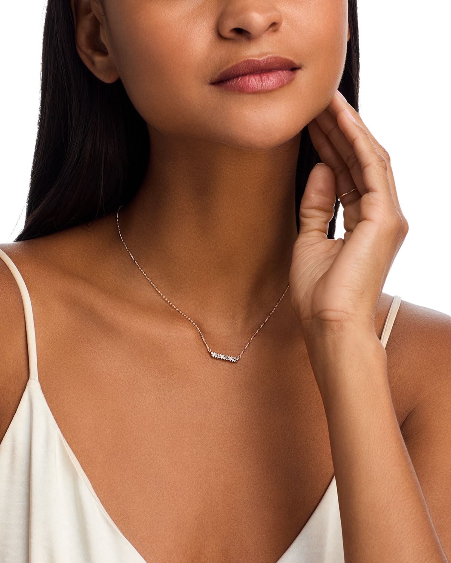 14K Yellow Gold Lab Grown Diamond Round & Baguette Bar Necklace, 16-20'