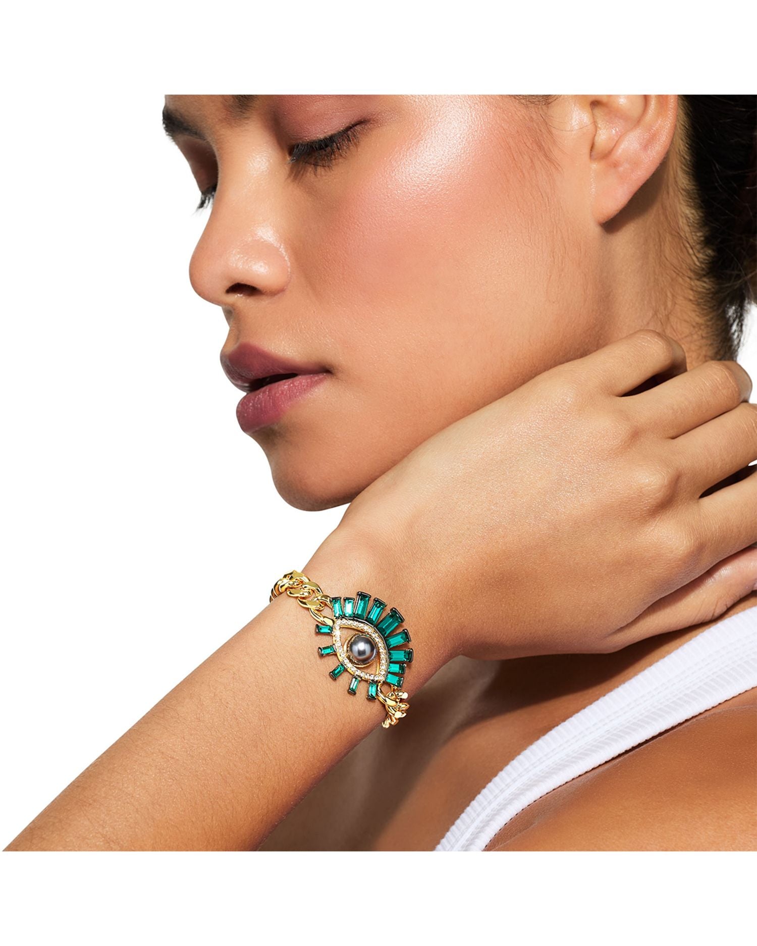 Crystal & Imitation Pearl Evil Eye Curb Chain Bracelet, 16'-18'