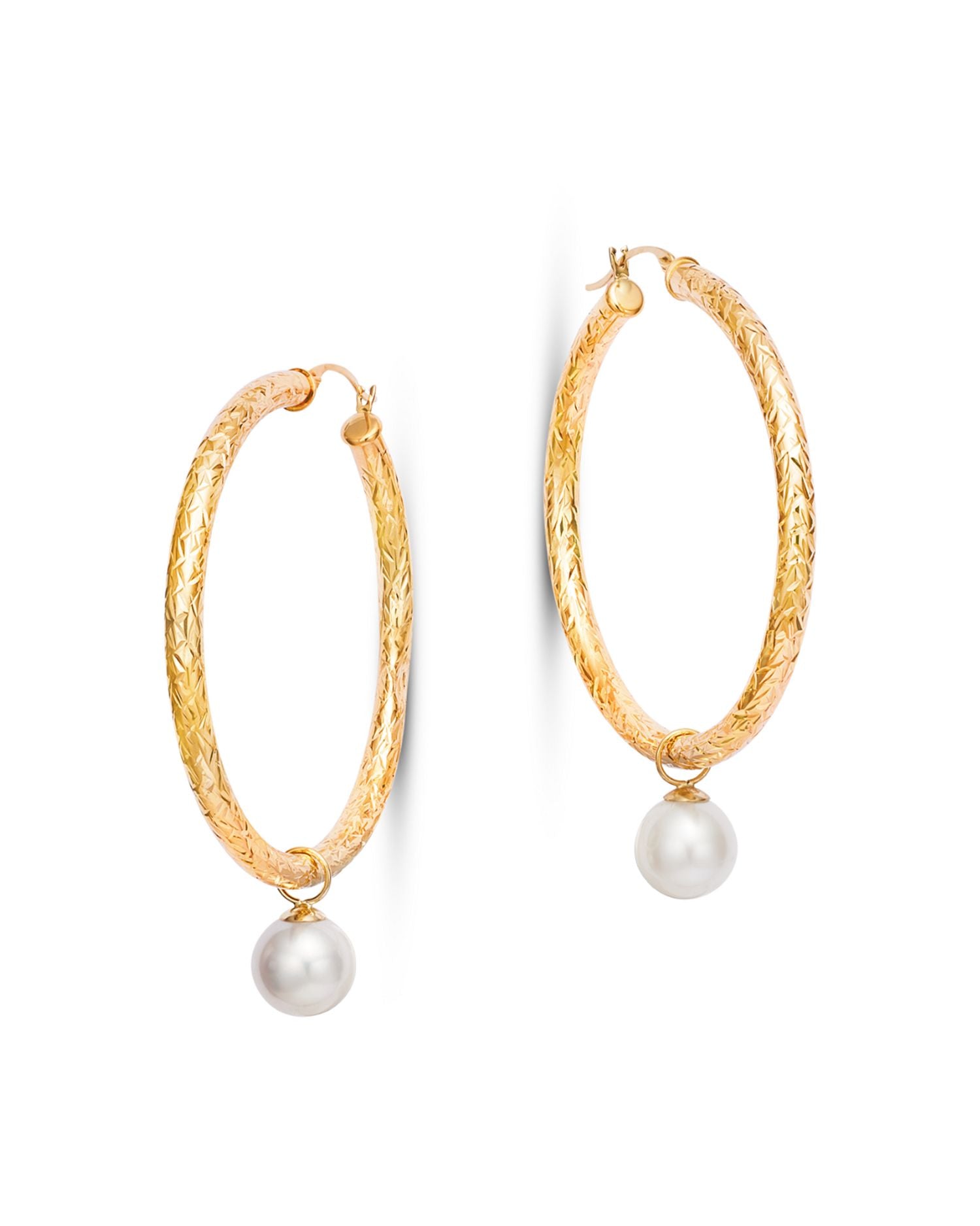 Cultured Freshwater Pearl Textured Medium Hoop Earrings in 14K Yellow Gold