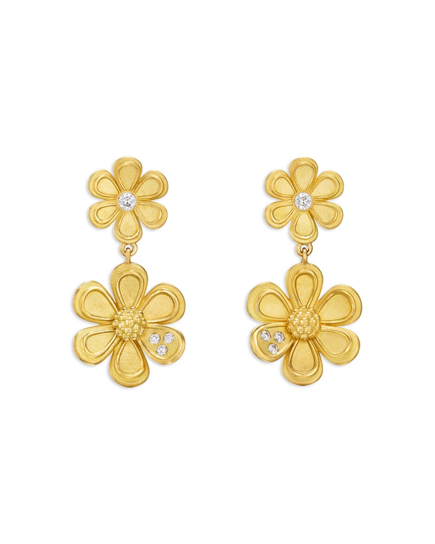 18K Yellow Gold FJ Diamond Flower Drop Earrings