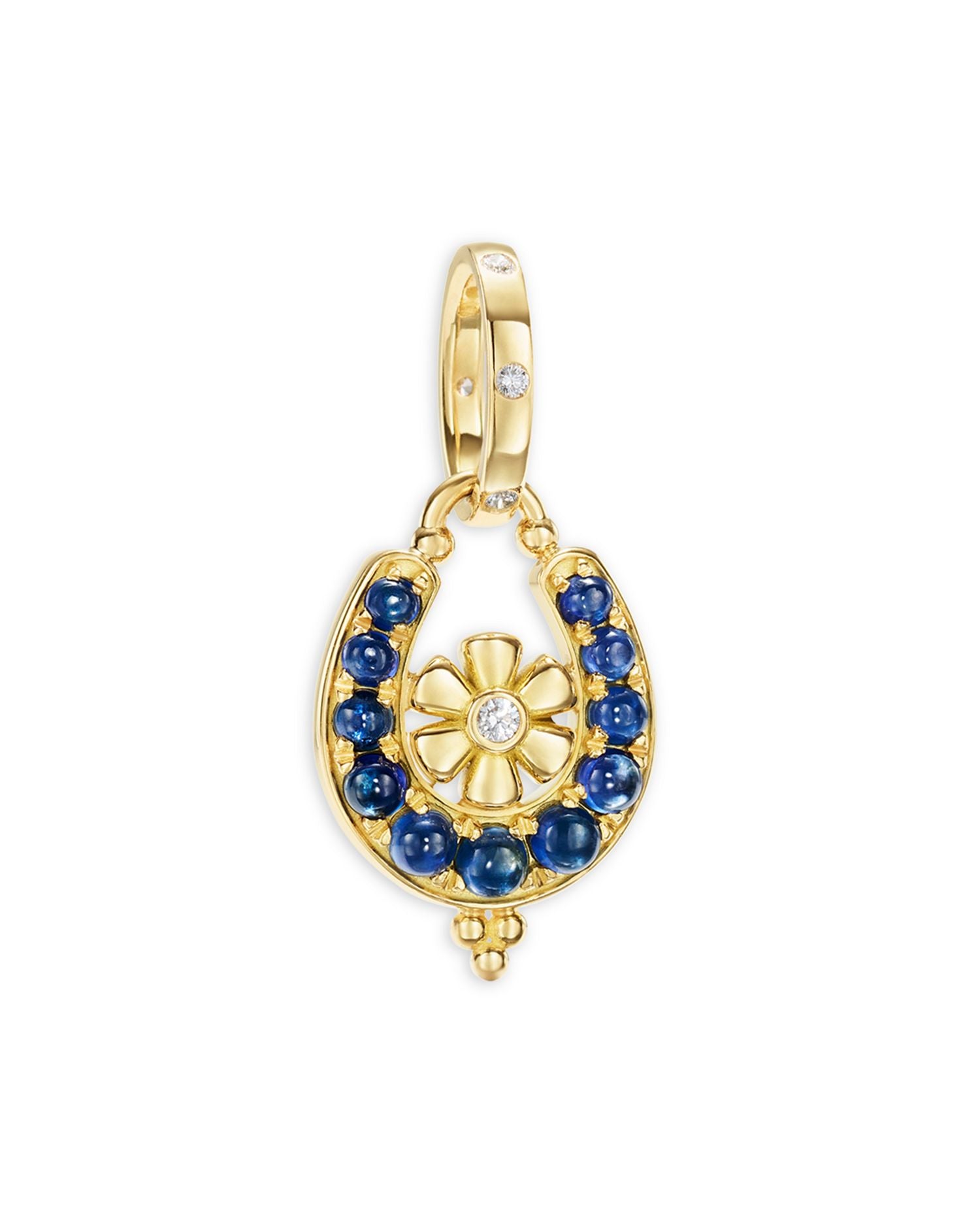 18K Yellow Gold FJ Blue Moonstone & Diamond Flower Horseshoe Pendant