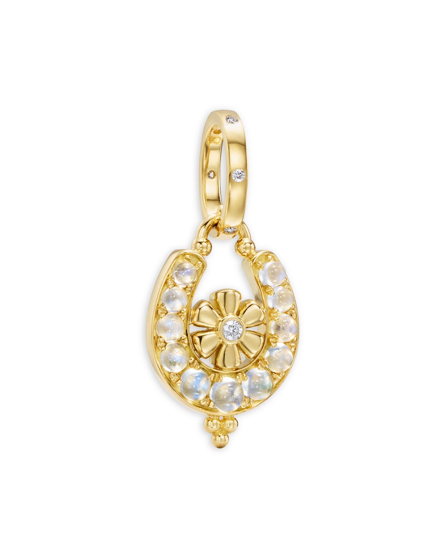 18K Yellow Gold FJ Blue Moonstone & Diamond Flower Horseshoe Pendant