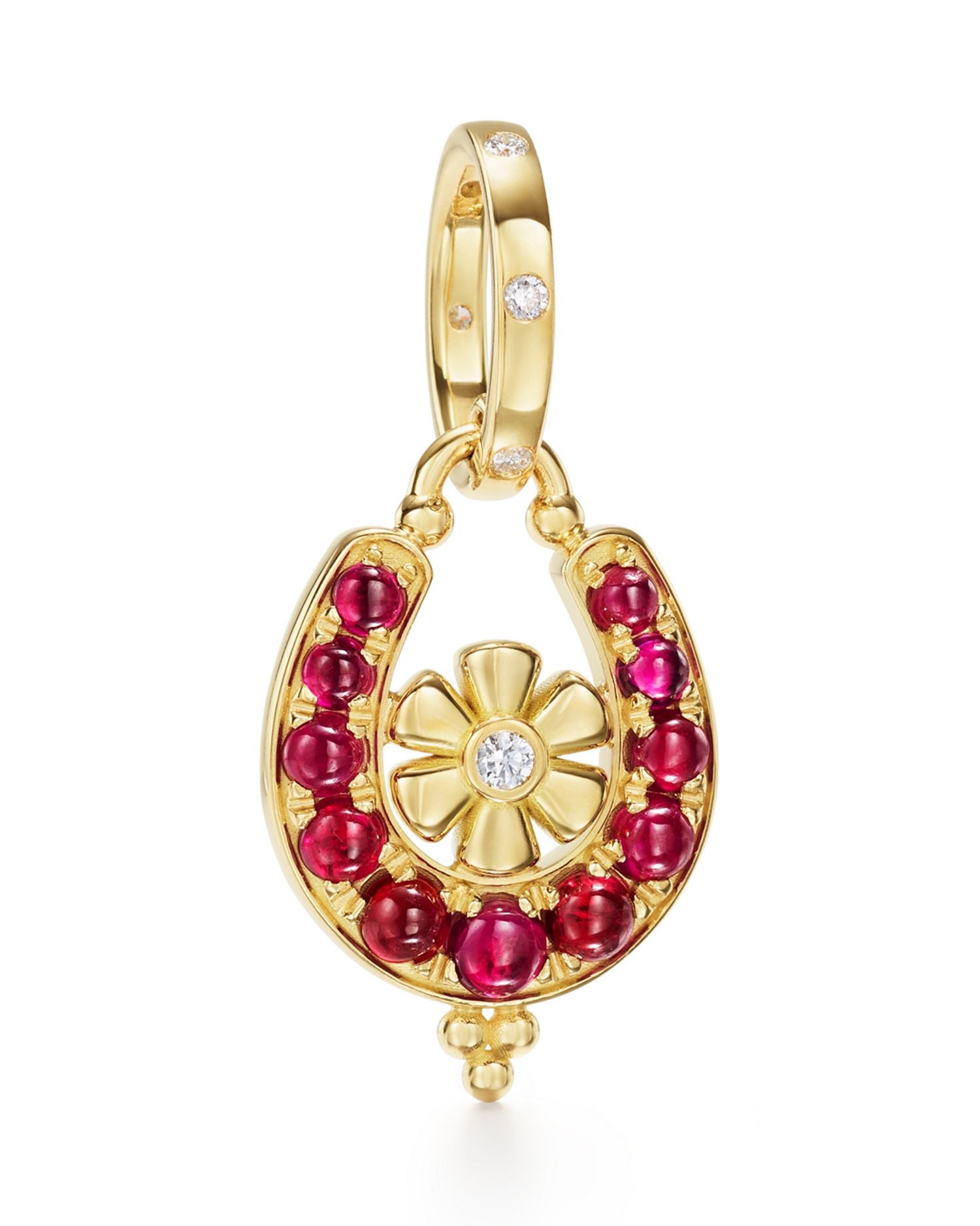 18K Yellow Gold FJ Ruby & Diamond Horseshoe Flower Pendant