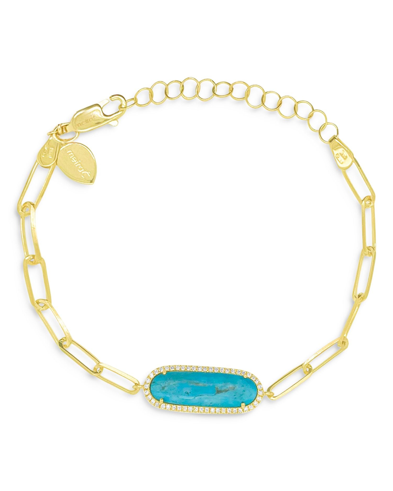 14K Yellow Gold Turquoise & Diamond Paperclip Link Bracelet