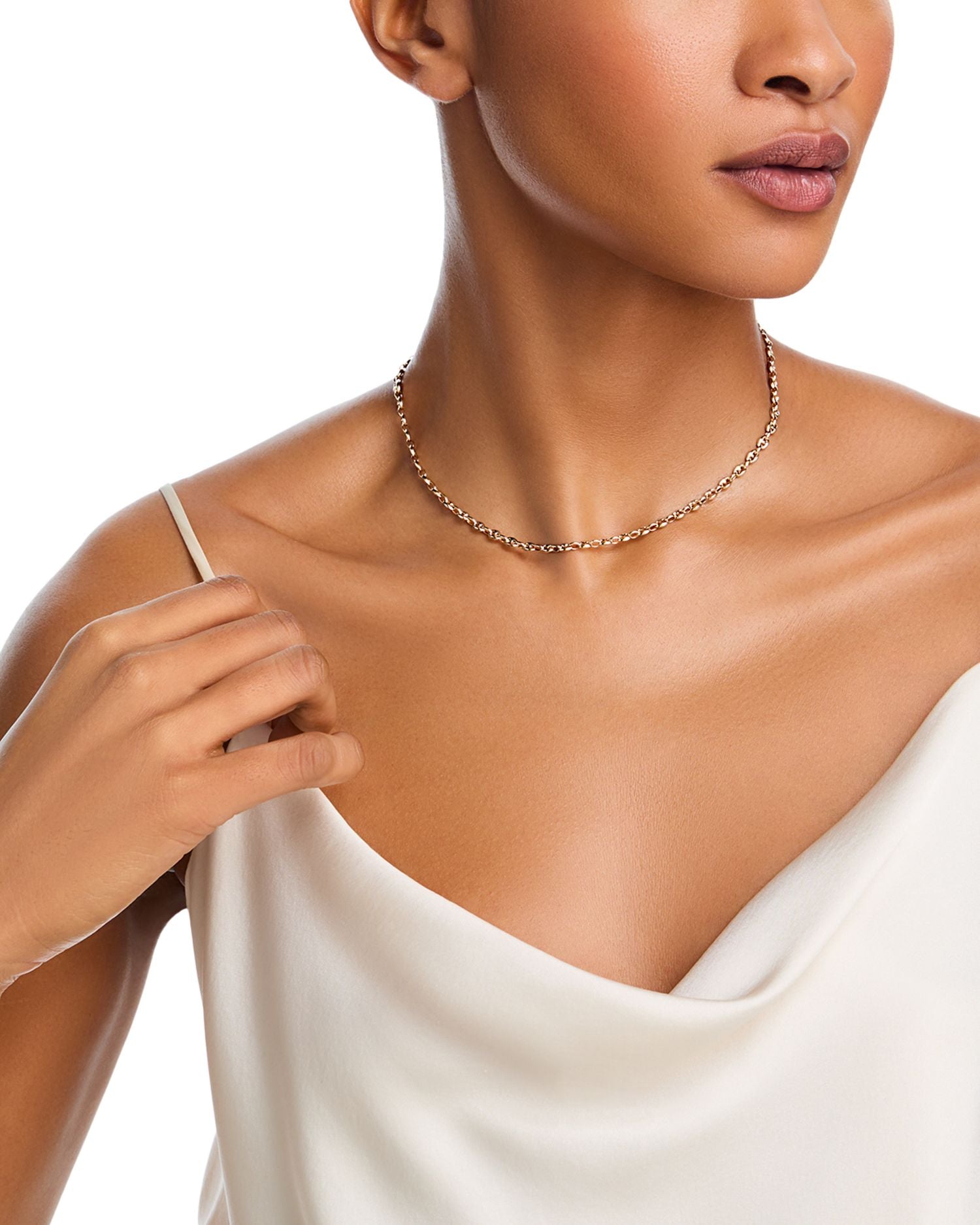 14K Yellow Gold Heavy Metal Mariner Link Chain Collar Necklace, 14-16'