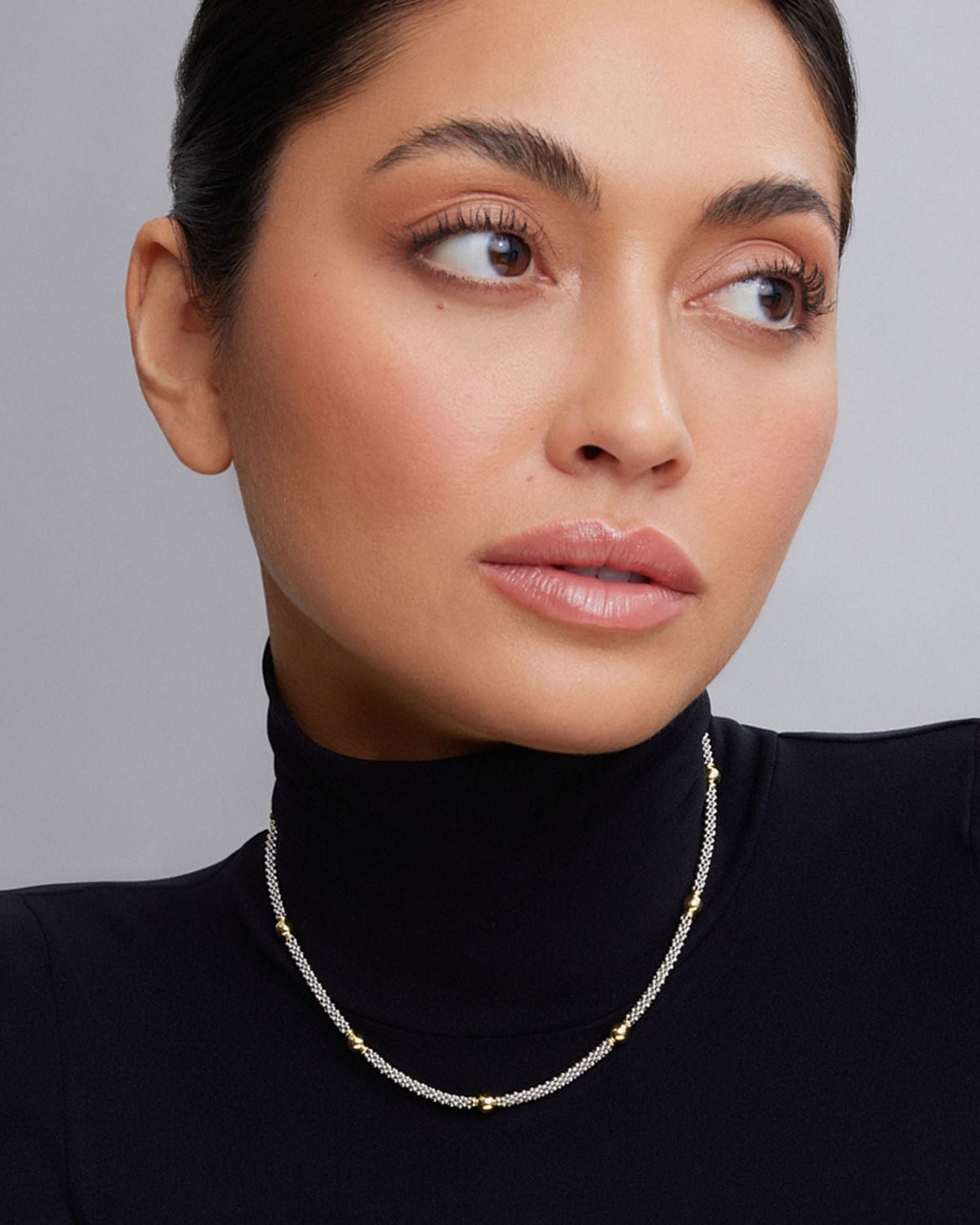 18K Yellow Gold & Sterling Silver Signature Caviar Two Tone Station Necklace, 18'