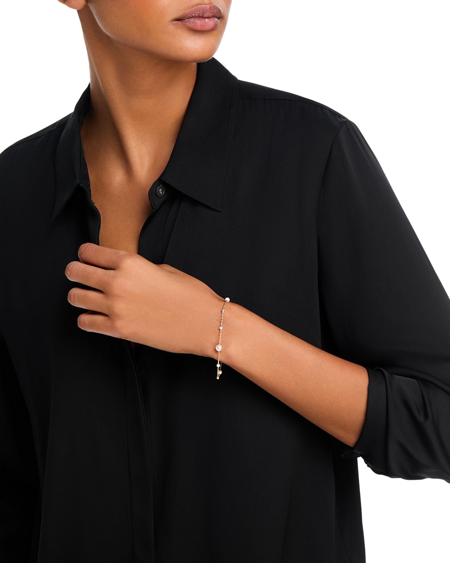 14K Yellow Gold Cultured Freshwater Pearl & Diamond Station Link Bracelet