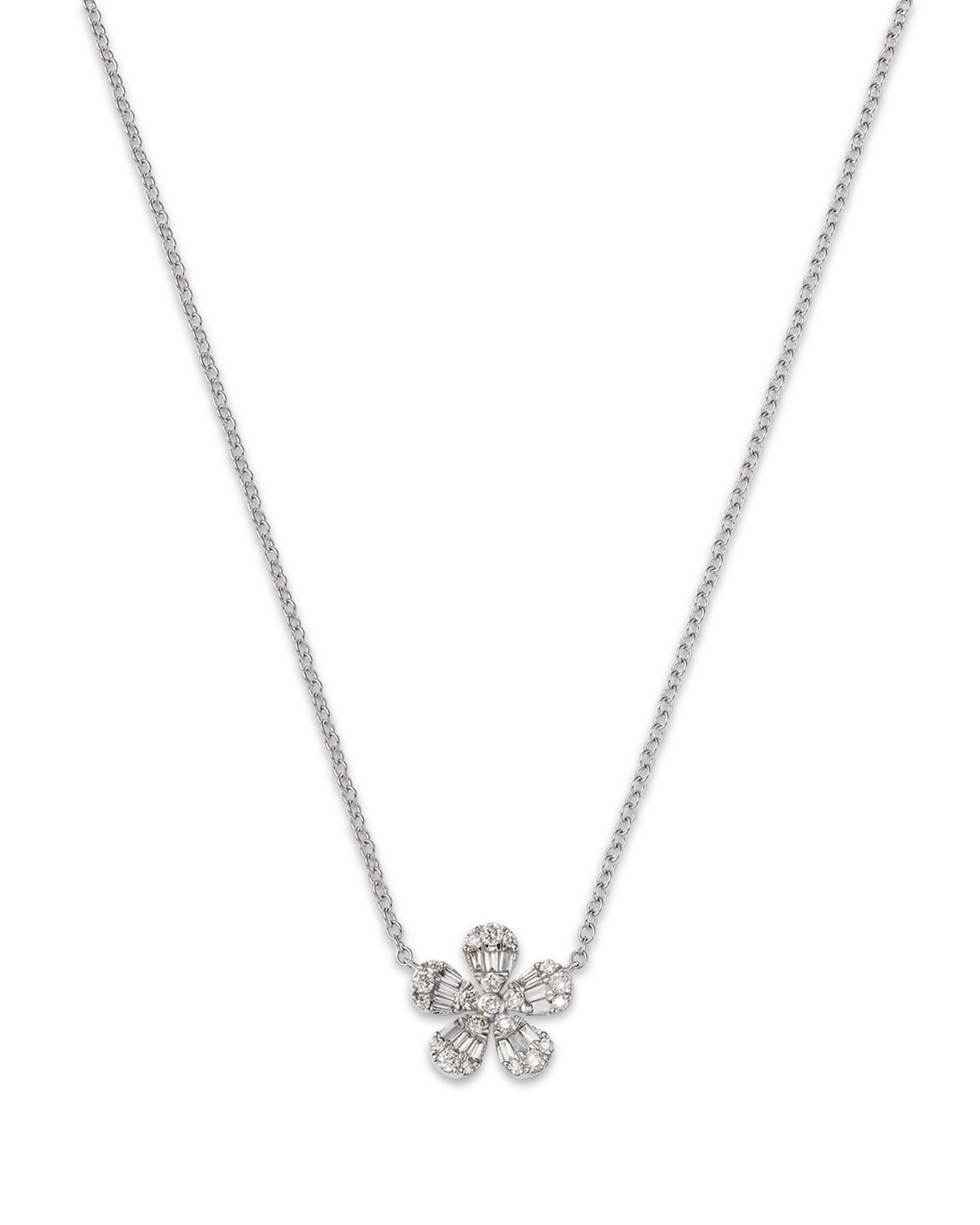 14K White Gold Diamond Flower Pendant Necklace, 18'