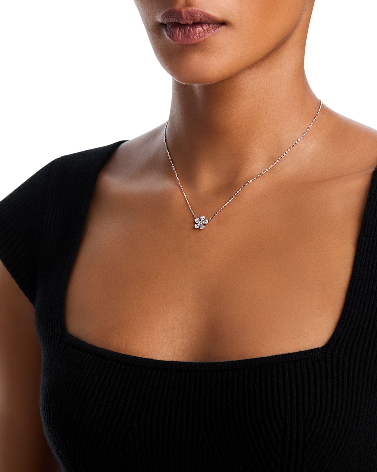 14K White Gold Diamond Flower Pendant Necklace, 18'