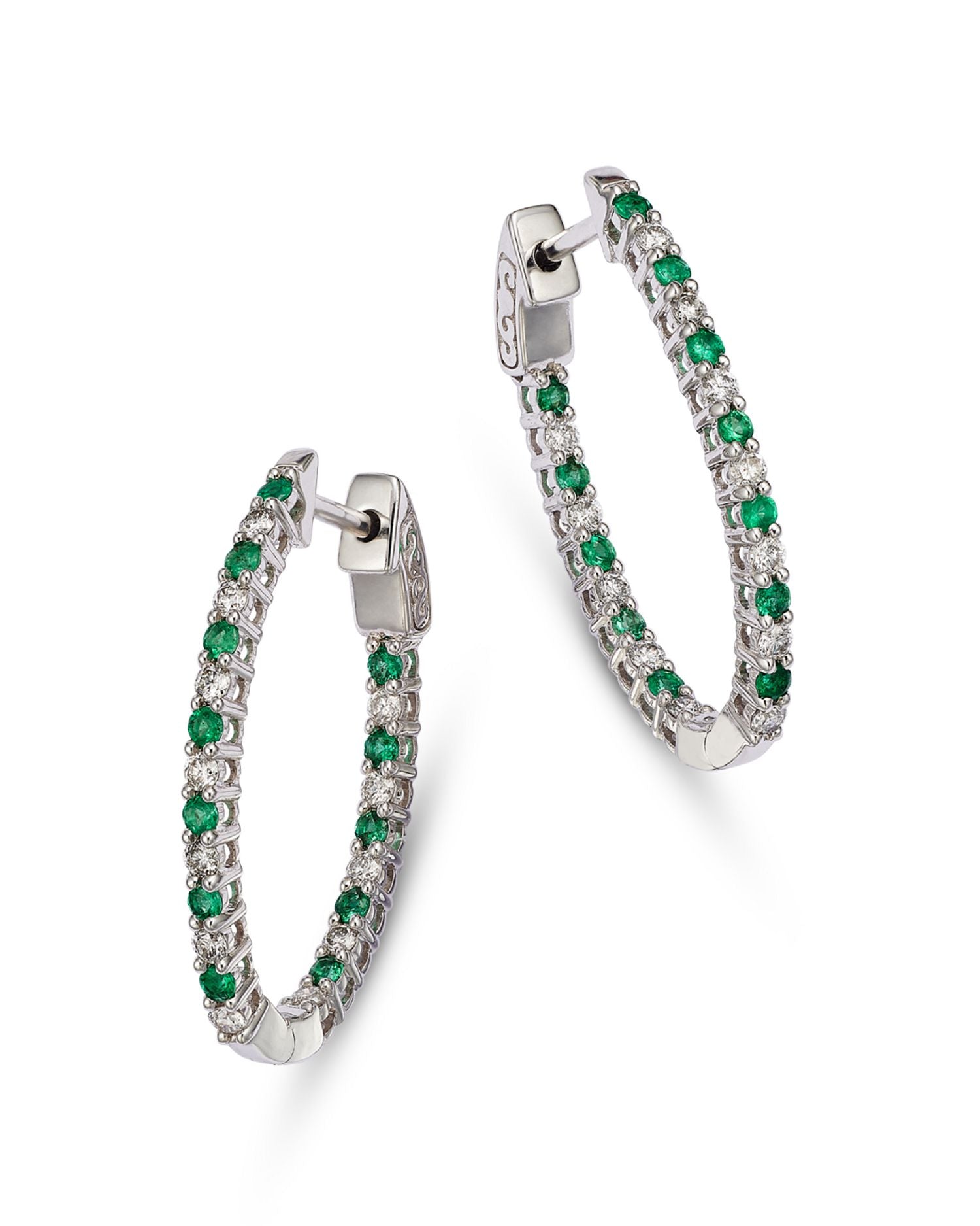 14K White Gold Emerald & Diamond Hoop Earrings