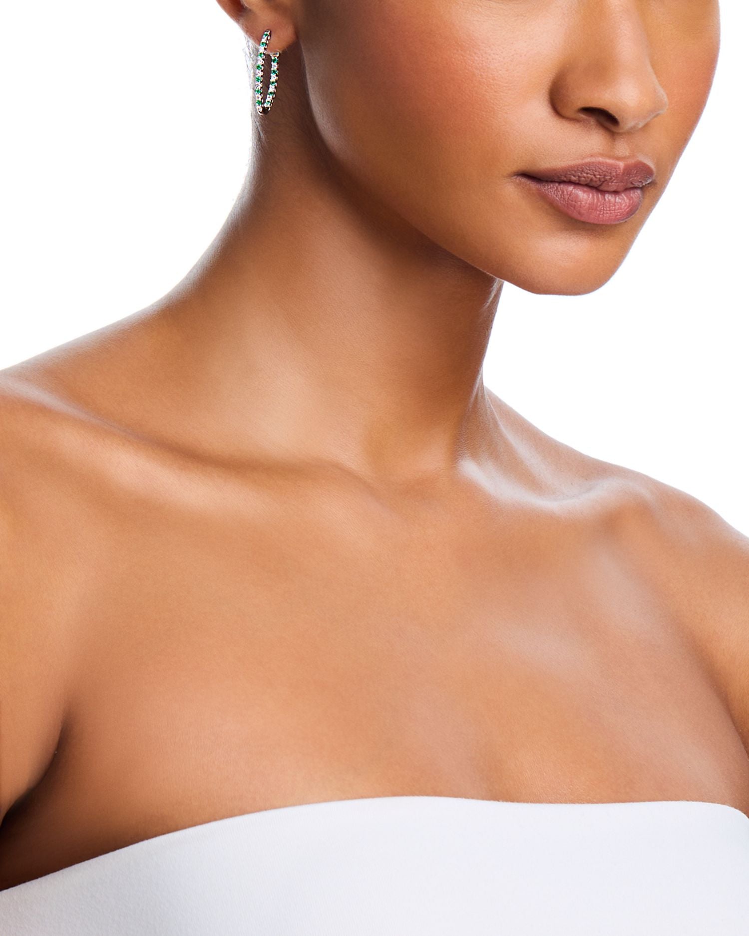 14K White Gold Emerald & Diamond Hoop Earrings