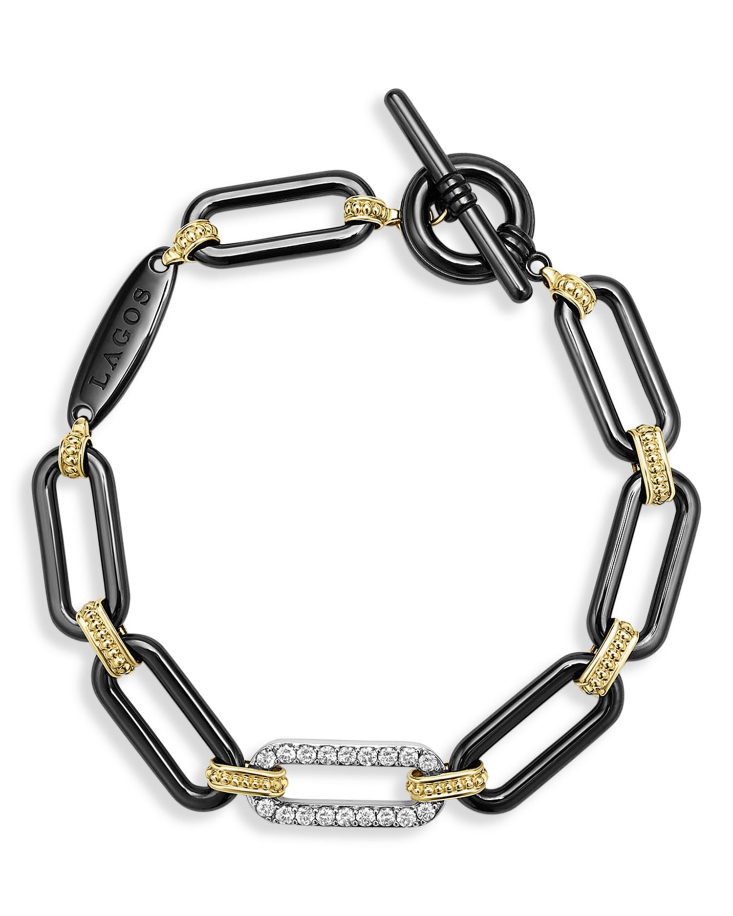 18K Yellow Gold & Black Ceramic Diamond Station Link Bracelet
