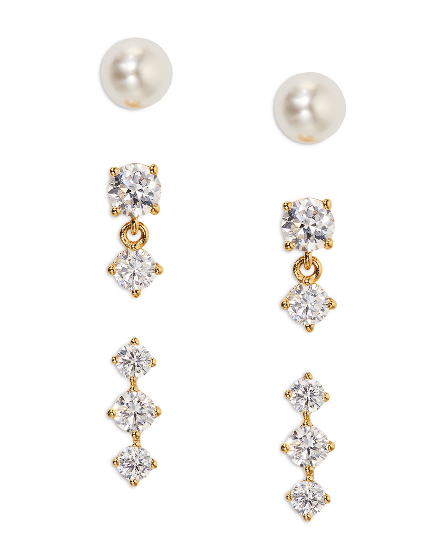 Cubic Zirconia & Imitation Pearl Earrings in 18K Gold Plated, Set of 3