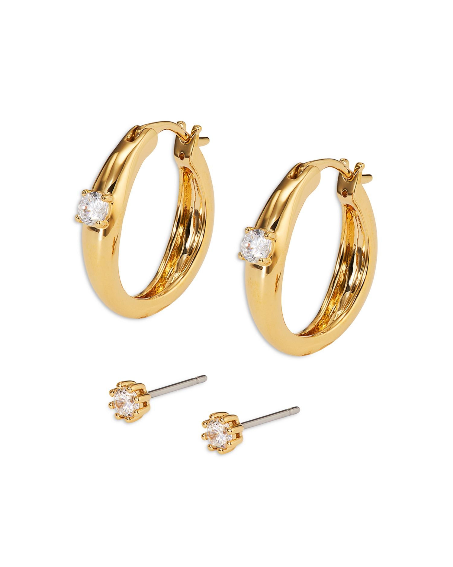 Cubic Zirconia Hoop & Stud Earrings in 18K Gold Plated, Set of 2