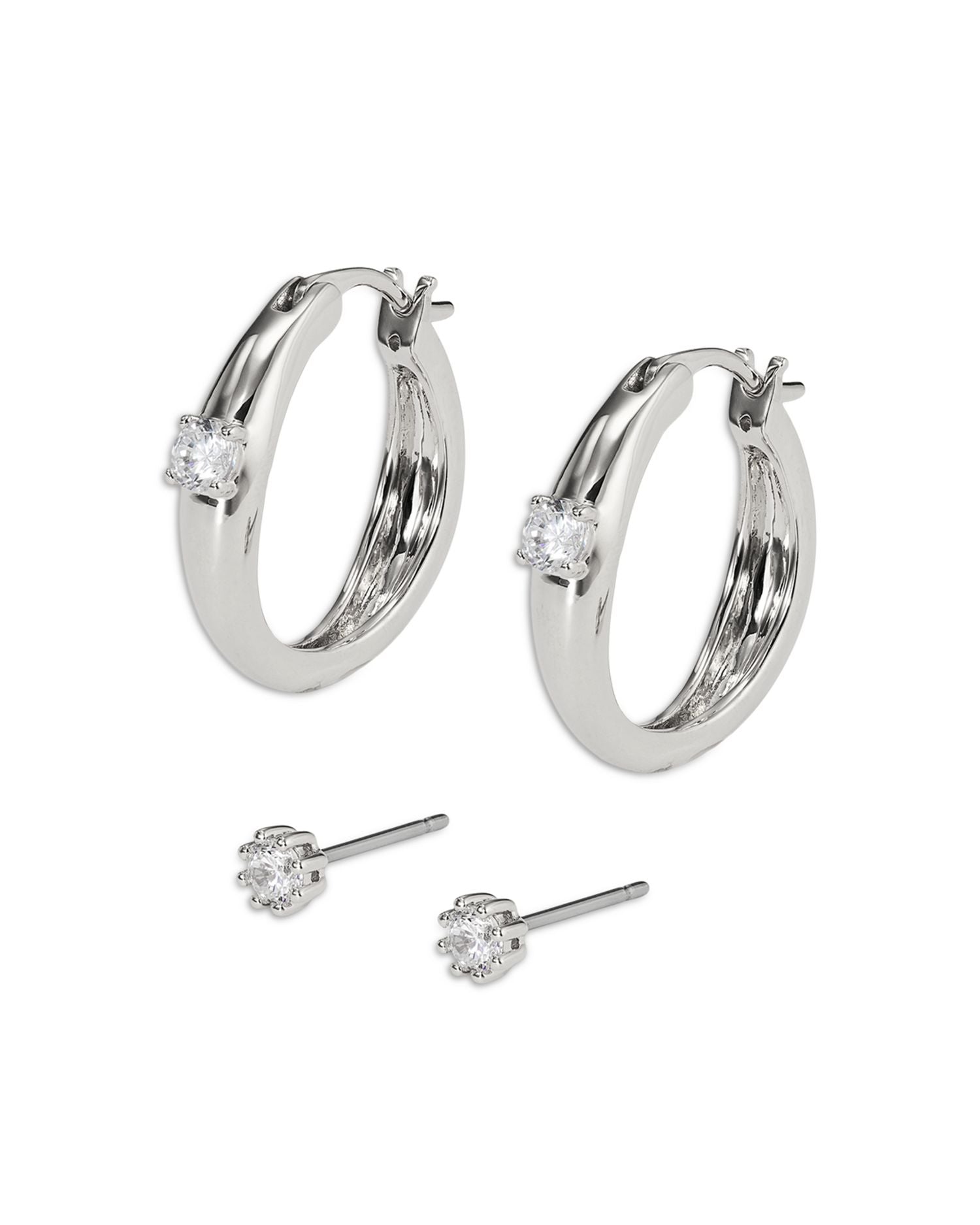 Cubic Zirconia Hoop & Stud Earrings in Rhodium Plated, Set of 2