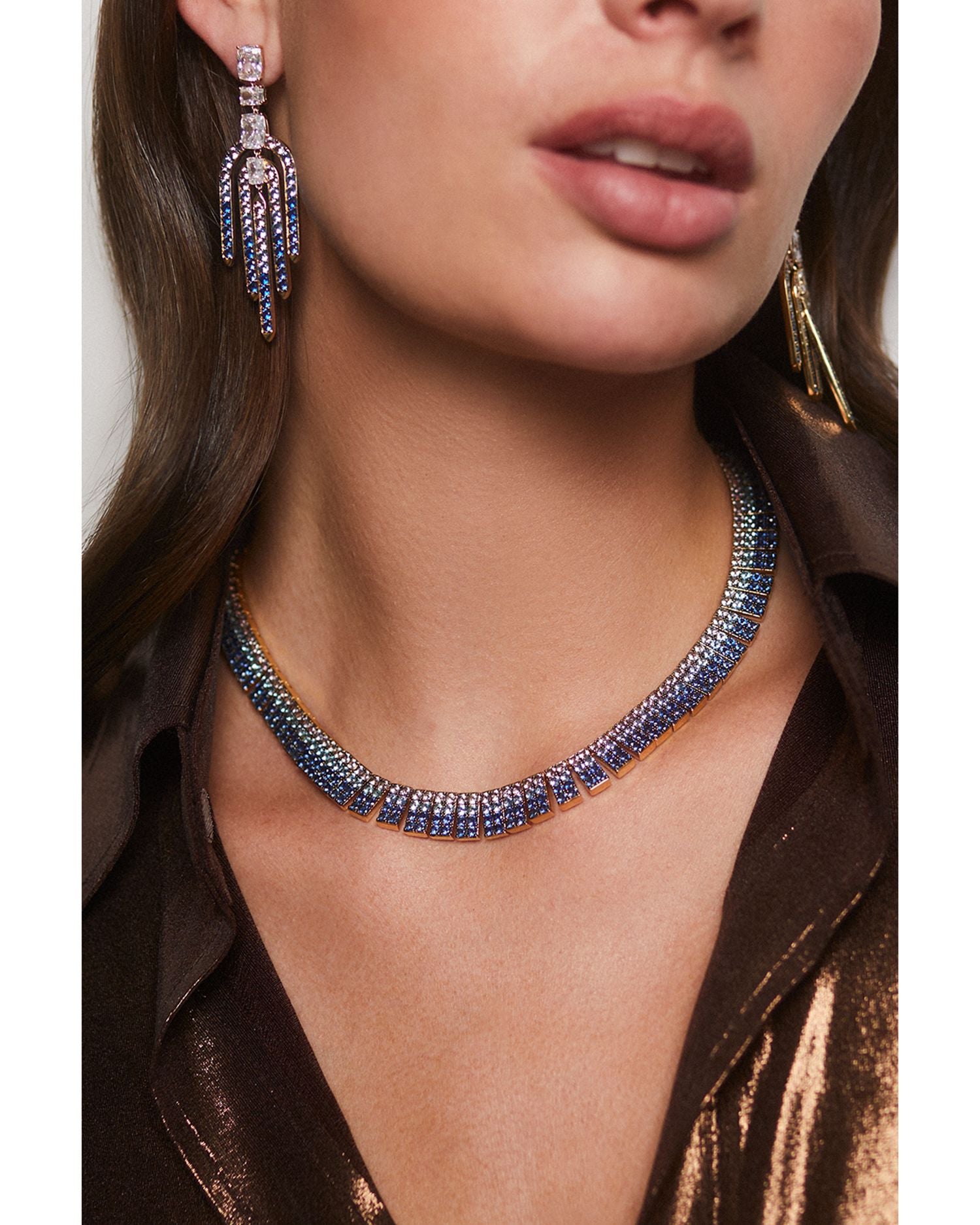 Nano Crystal & Stone Choker Necklace in 18K Gold Plated & Ruthenium Plated, 18" - Exclusive