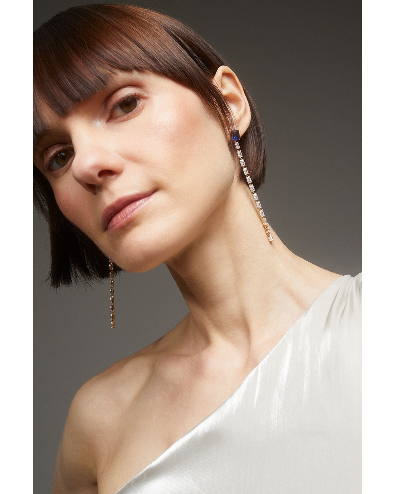 Blue Crystal & Cubic Zirconia Linear Drop Earrings in 18K Gold Plated