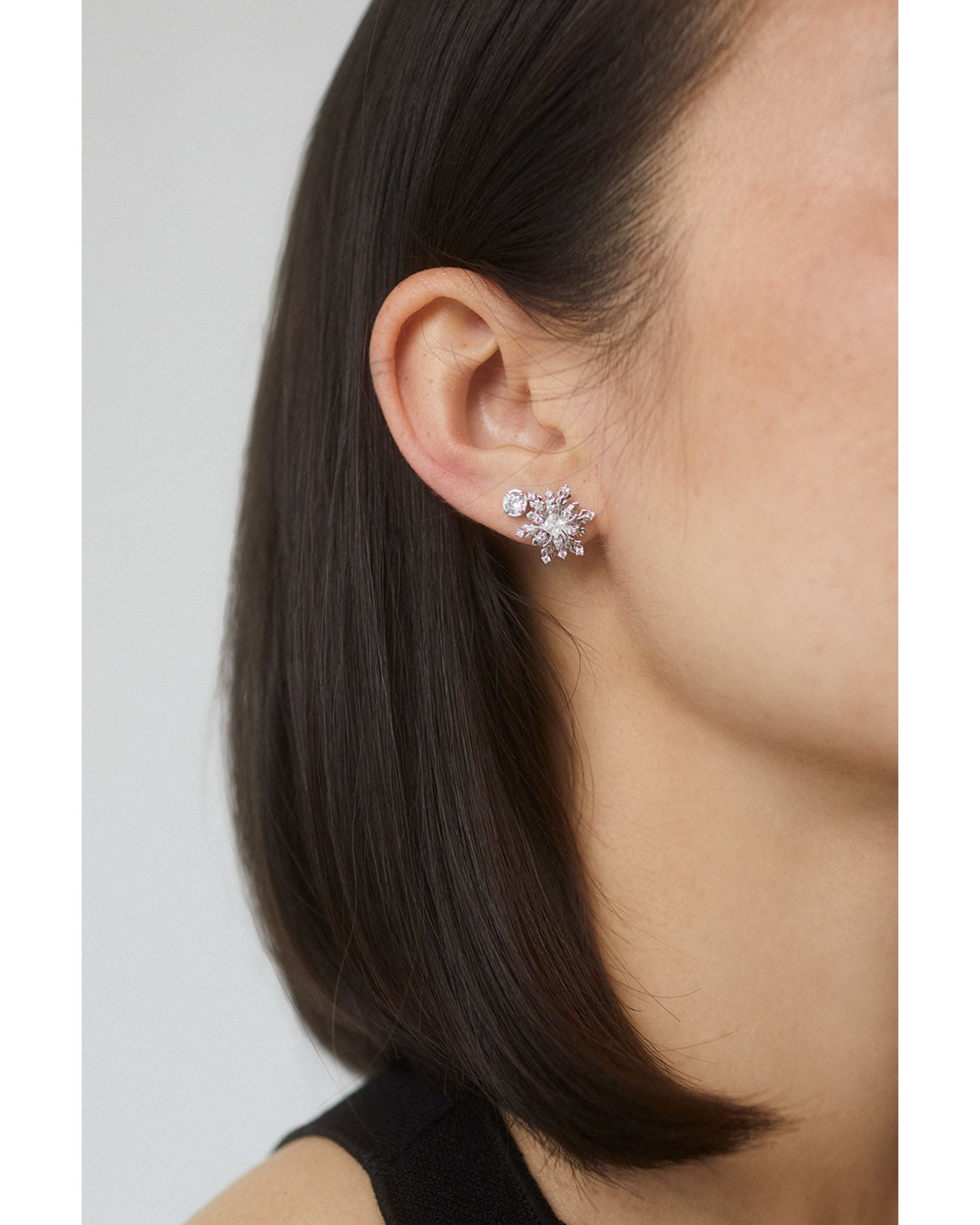 Cubic Zirconia Solitaire & Snowflake Stud Earrings in Rhodium Plated, Set of 2