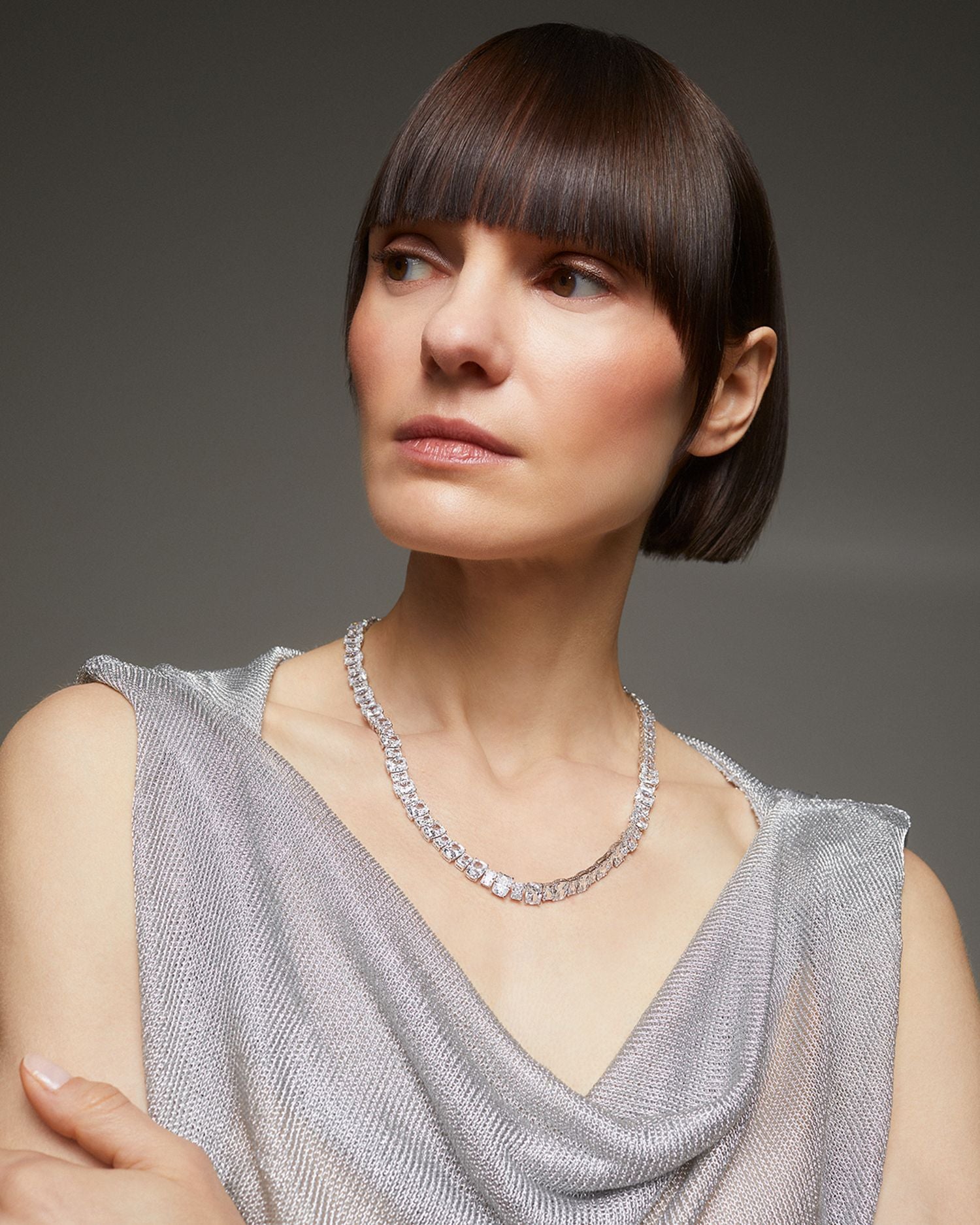 Cubic Zirconia Tennis Necklace in Rhodium Plated, 15.5"