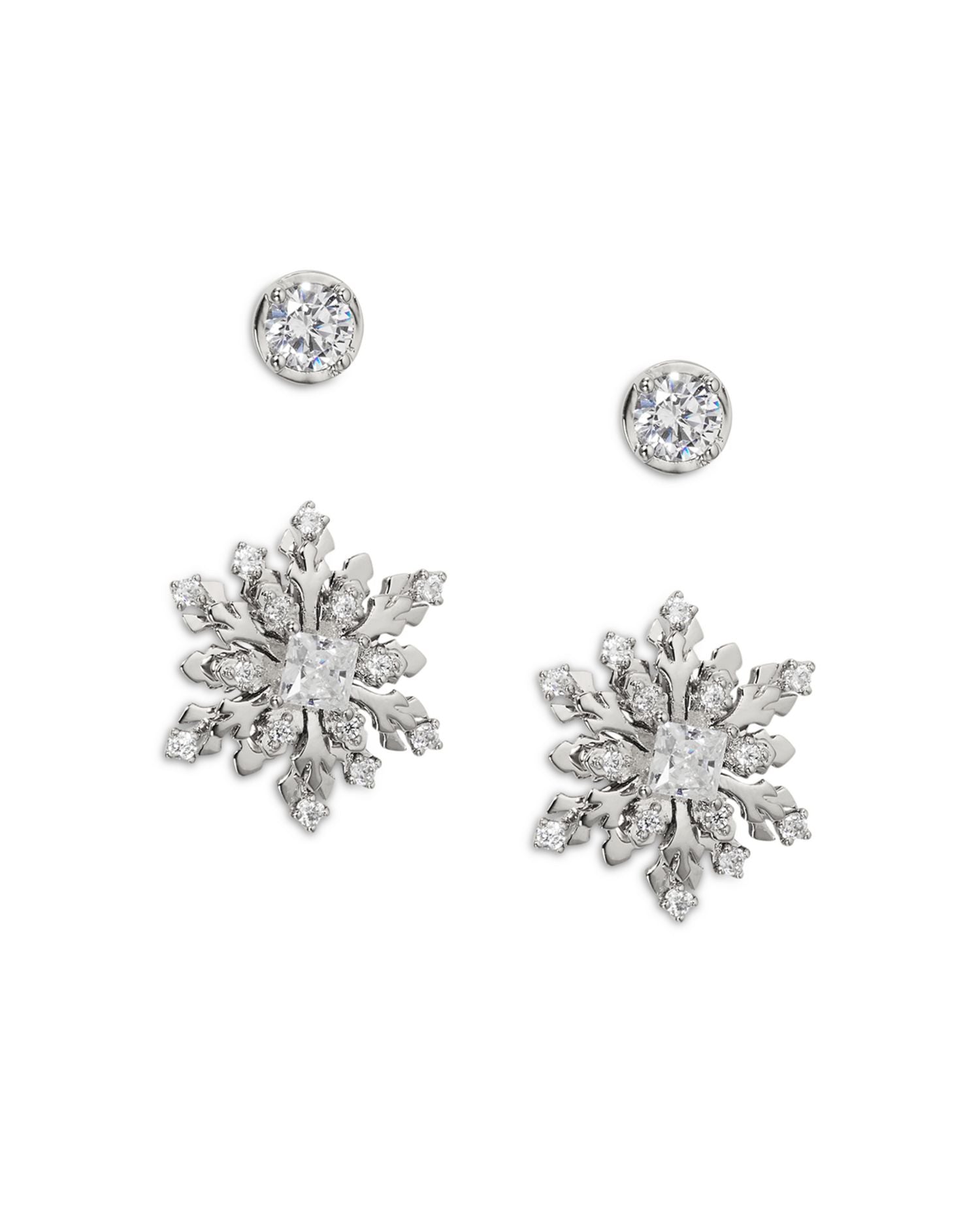 Cubic Zirconia Solitaire & Snowflake Stud Earrings in Rhodium Plated, Set of 2