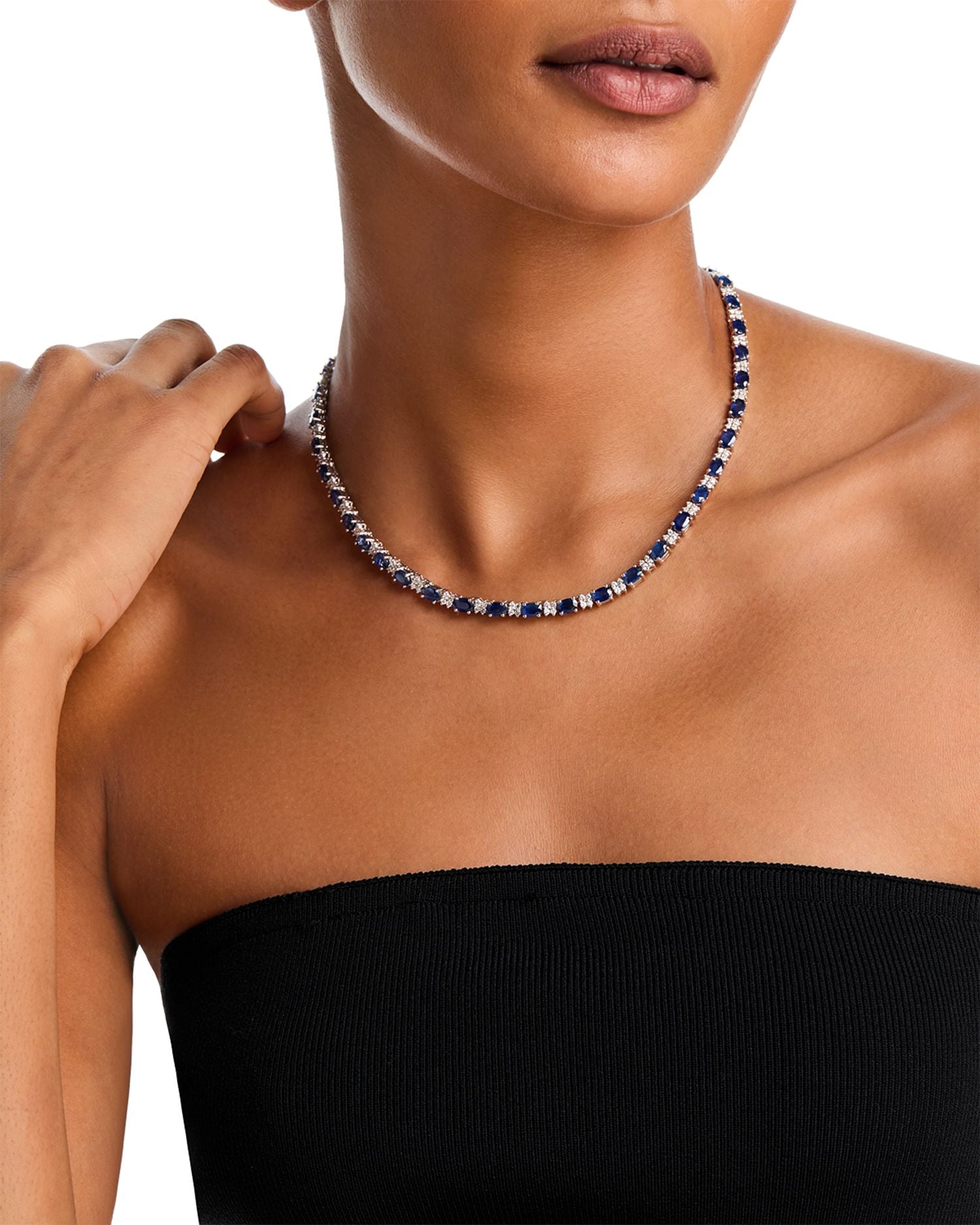 Blue Sapphire & Diamond Collar Necklace in 14K White Gold, 16' - Exclusive
