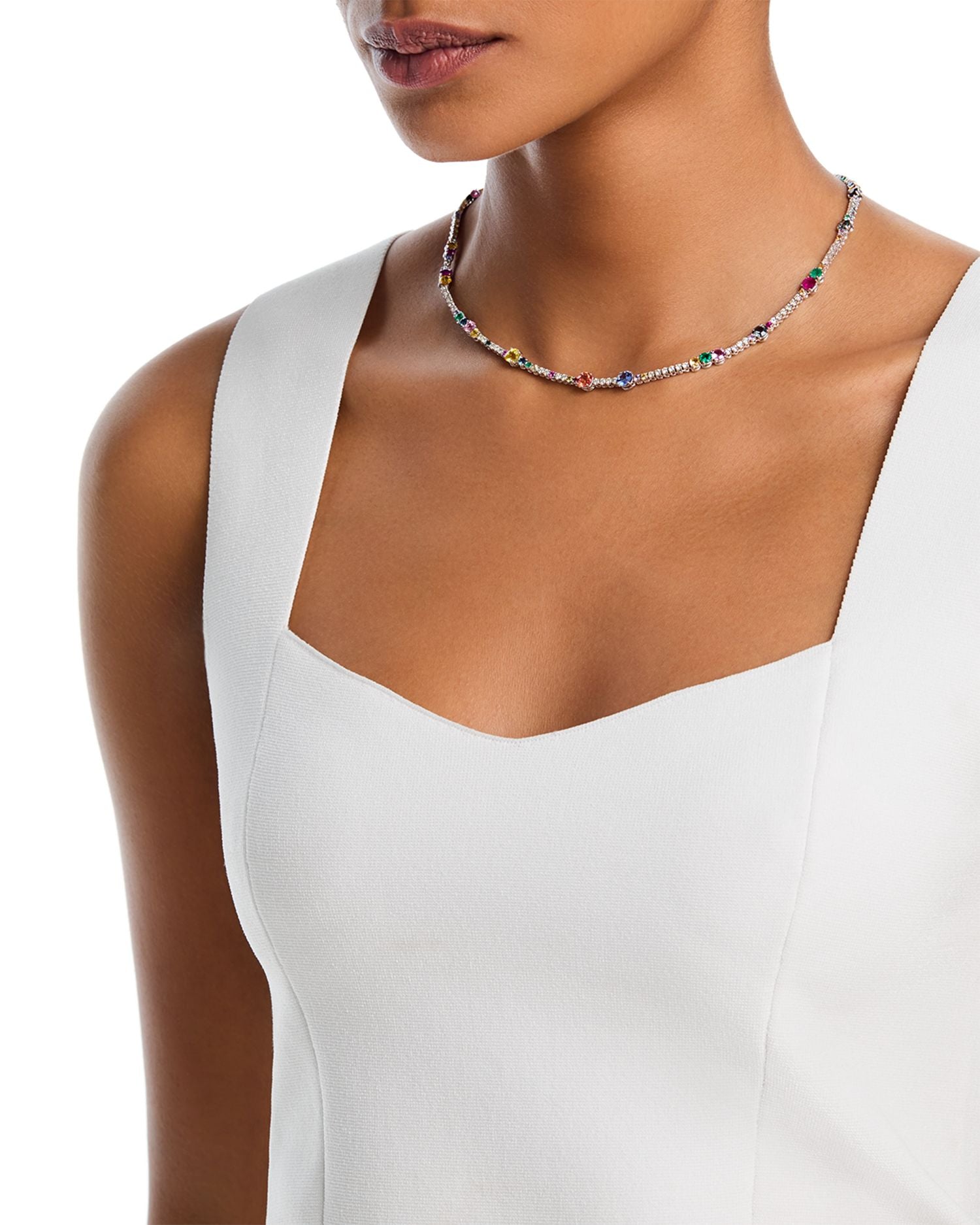 Multi Gemstone & Diamond Collar Necklace in 14K White Gold, 16'