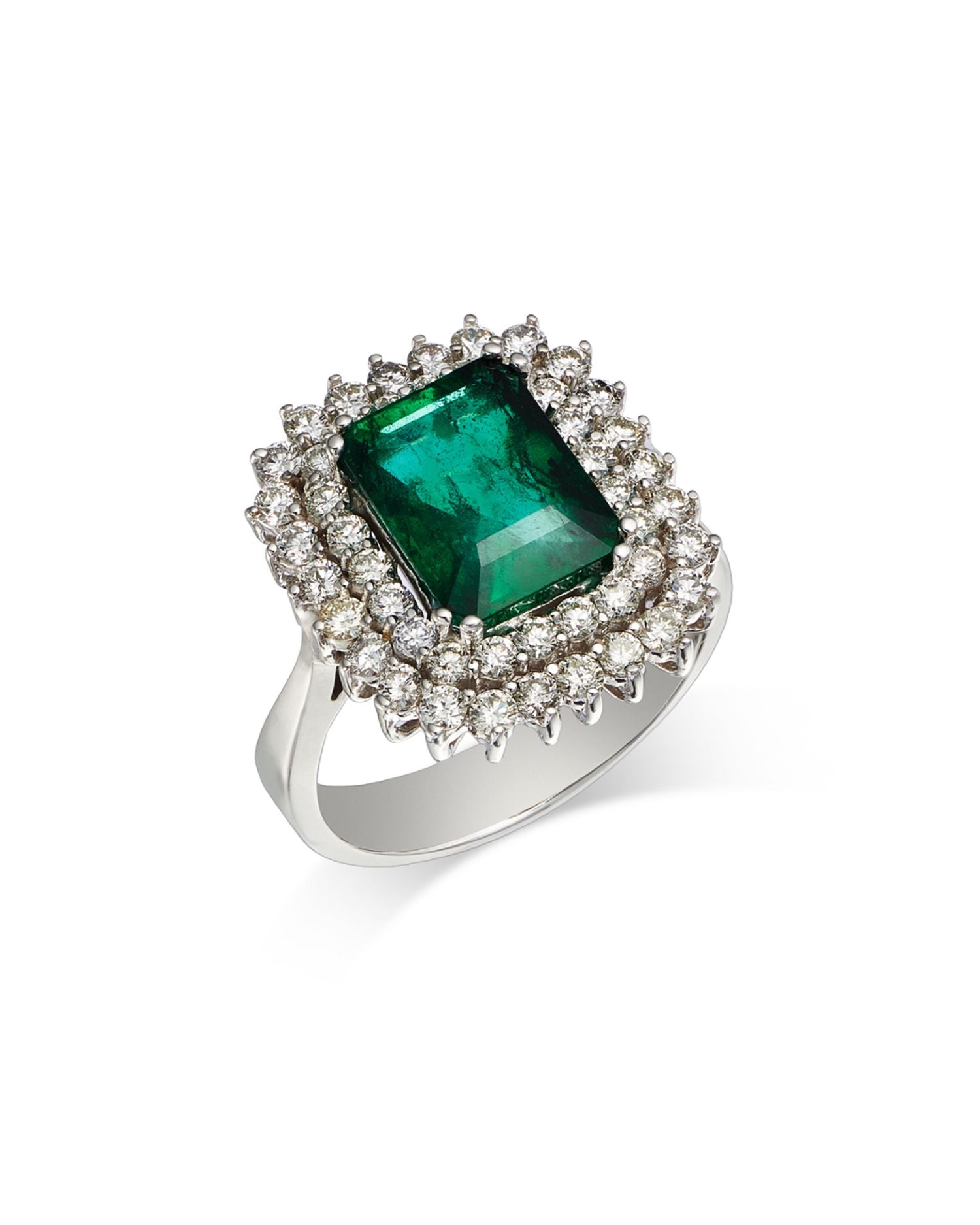 Emerald & Diamond  Double Halo Ring in 14K White Gold - Exclusive