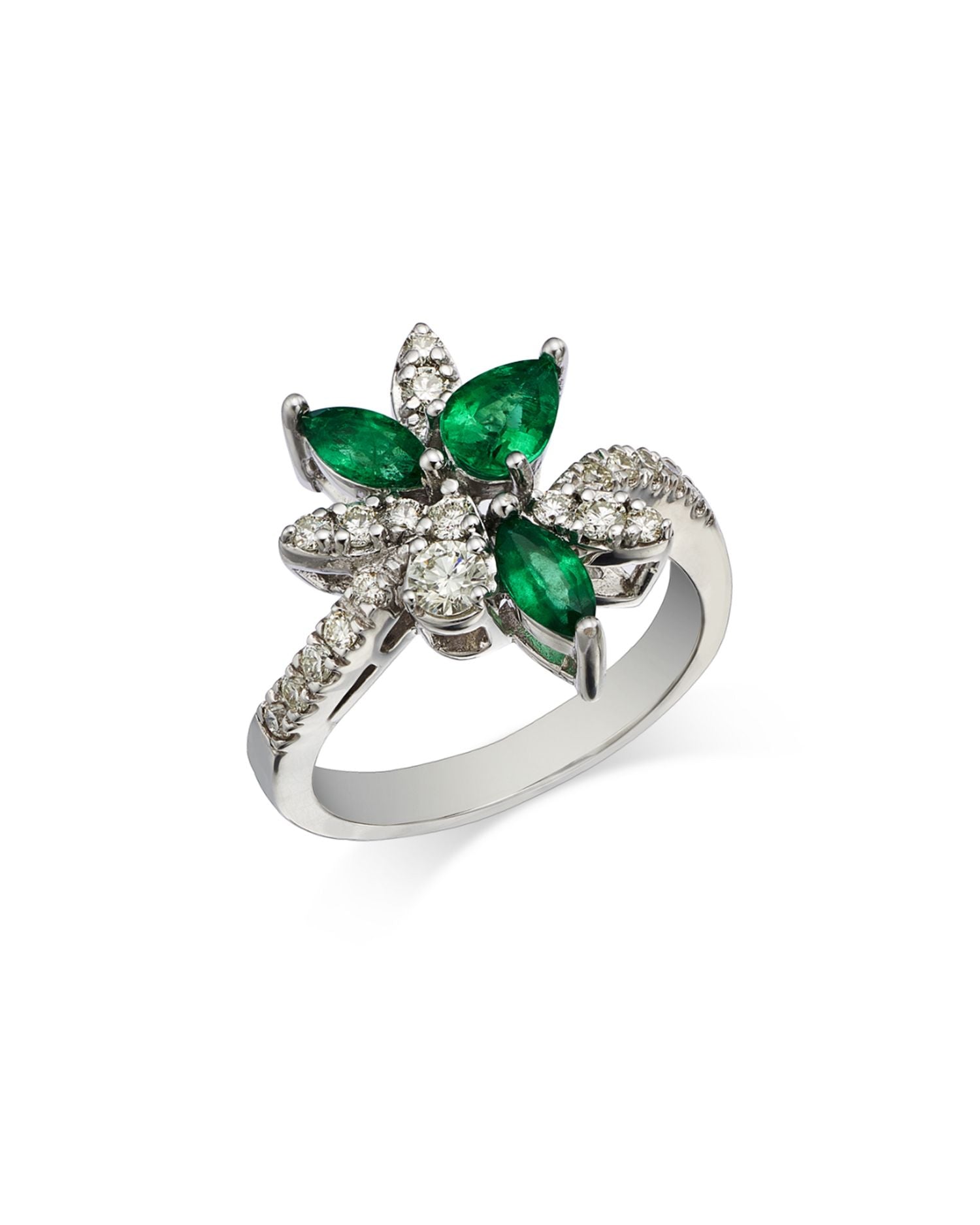 Emerald & Diamond Flower Motif Cluster Ring in 14K White Gold - Exclusive