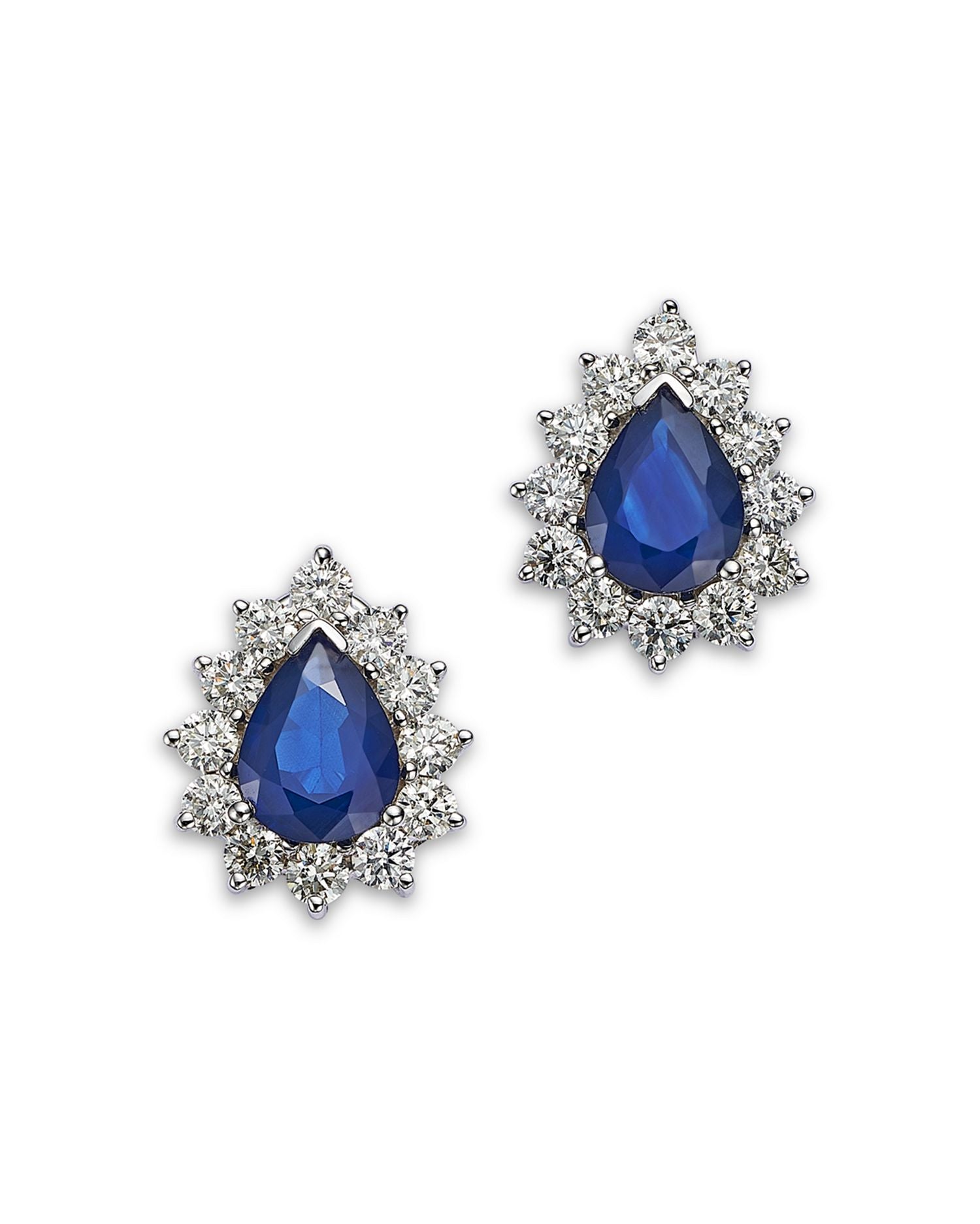 Blue Sapphire & Diamond Pear Halo Stud Earrings in 14K White Gold