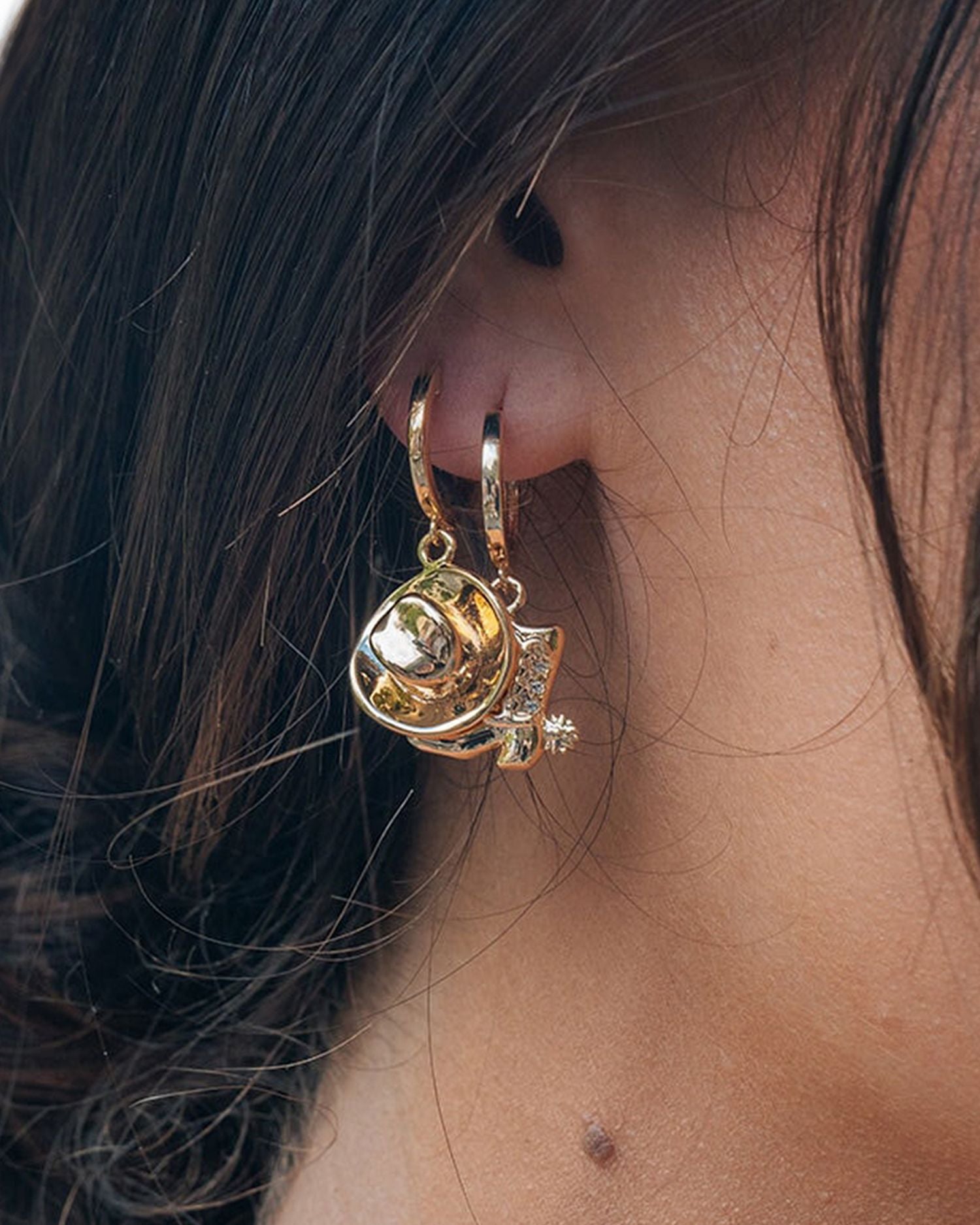 Cowboy Hat Charm Hoop Earrings in 14K Gold Plated