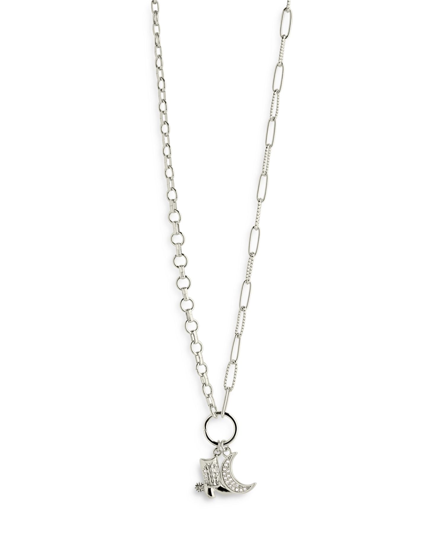 Kelsea Pavé Moon & Cowboy Boot Pendant Necklace in Rhodium Plated, 16'-18'