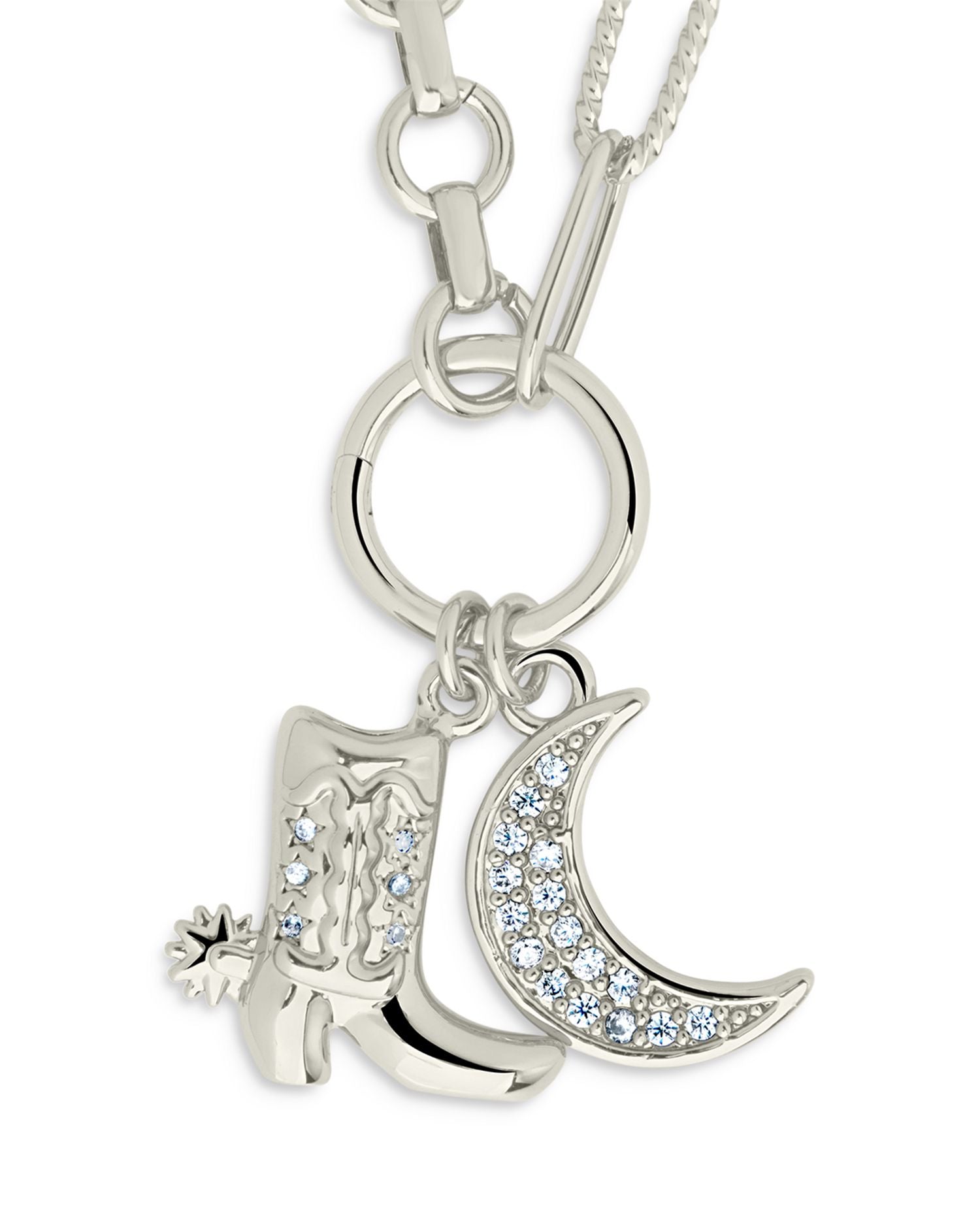 Kelsea Pavé Moon & Cowboy Boot Pendant Necklace in Rhodium Plated, 16'-18'