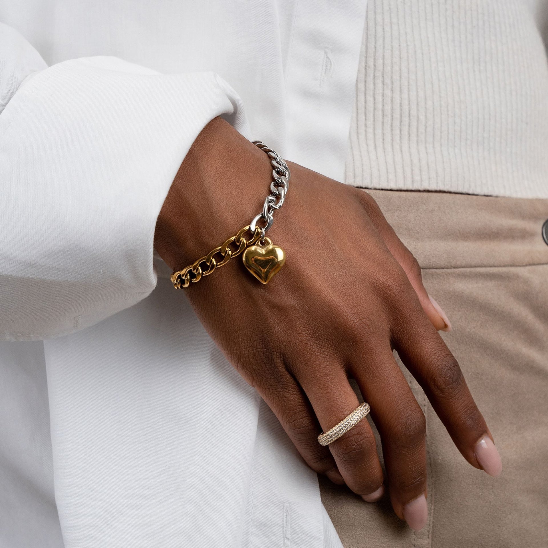 Water Resistant Half And Half Heart Chain Toggle Bracelet silver gold