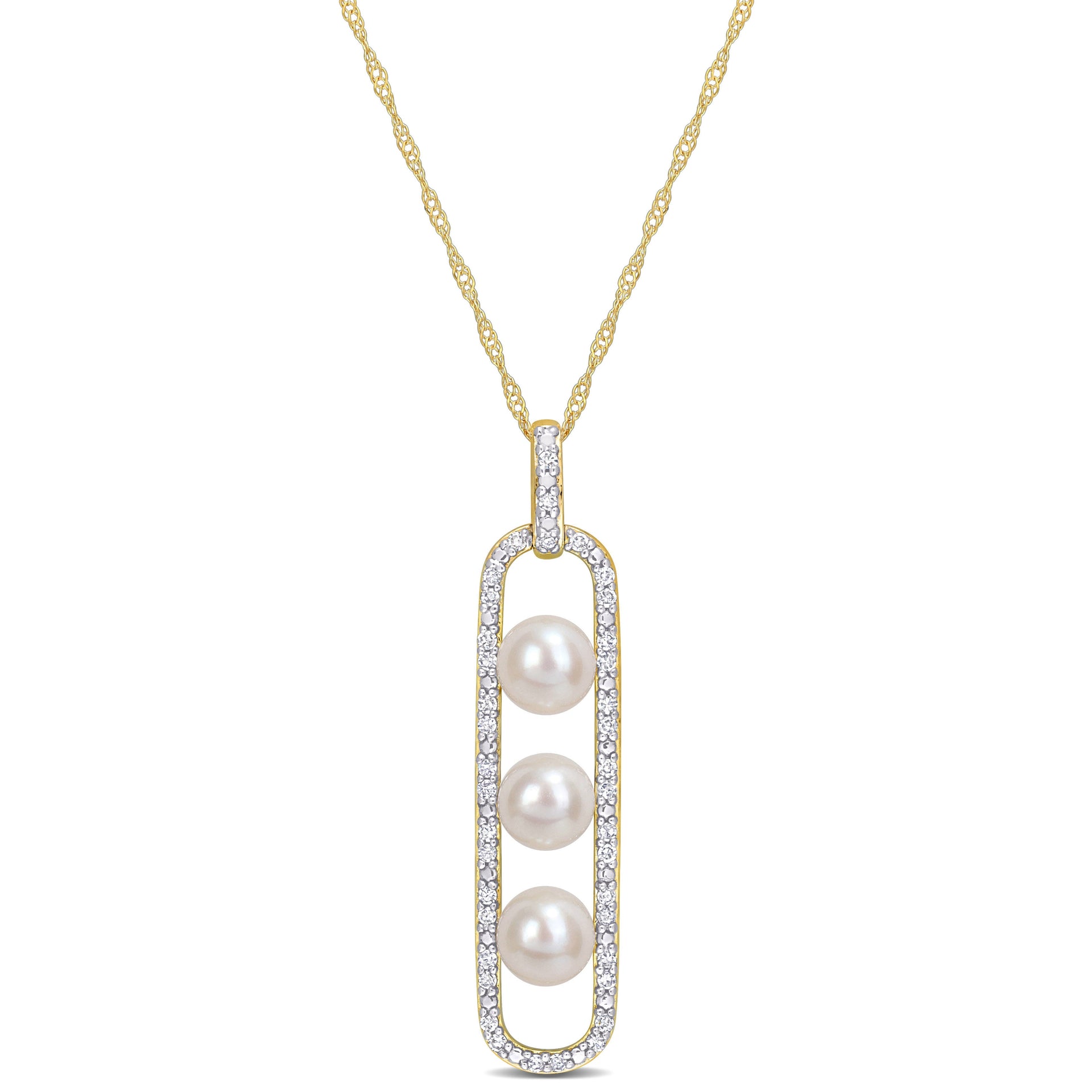 5-5.5mm Cultured Freshwater Pearl and 1/5ct TDW Diamond Drop Pendant with Chain in 10k Yellow Gold
