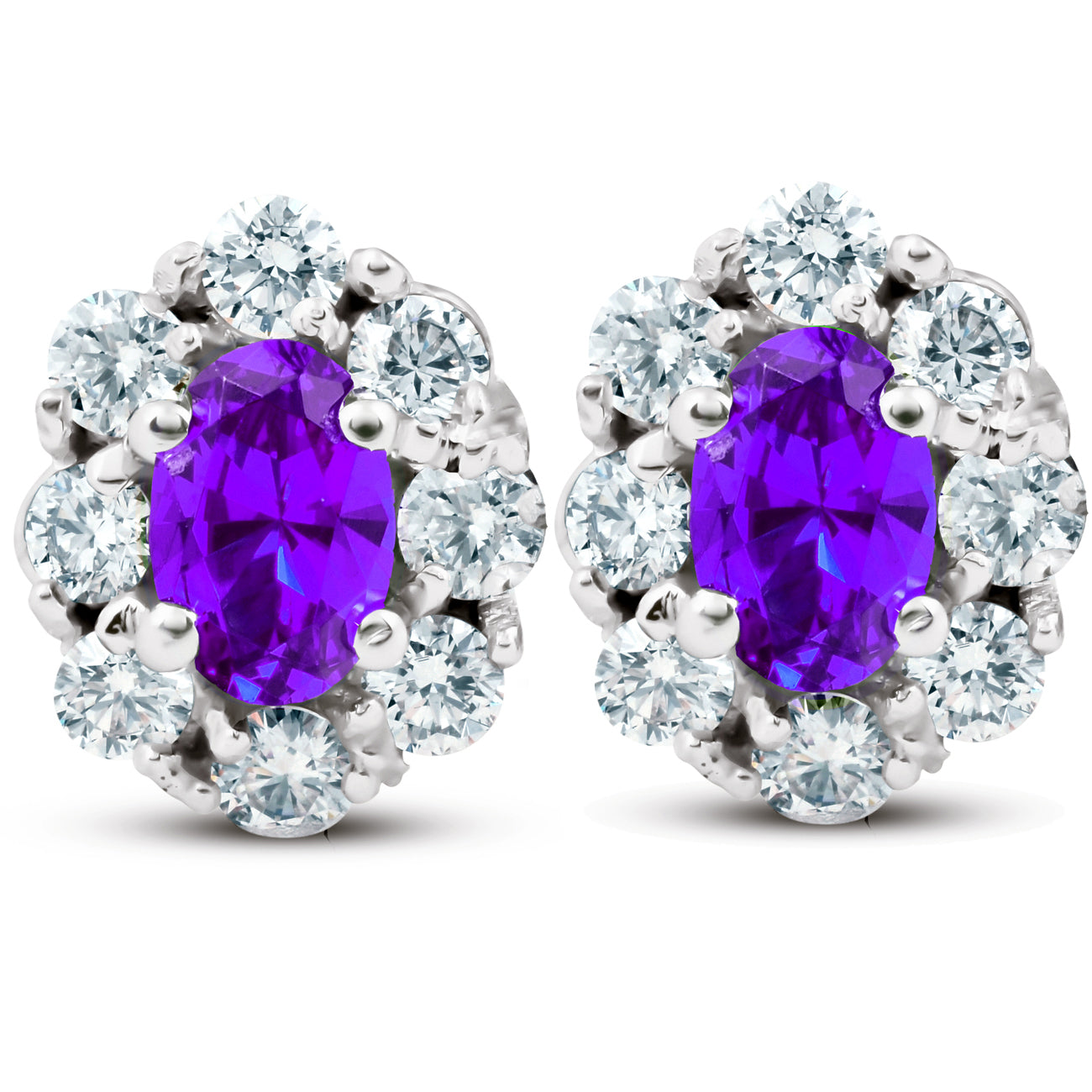 3 Ct Amethyst & Diamond Halo Studs 14k White Gold