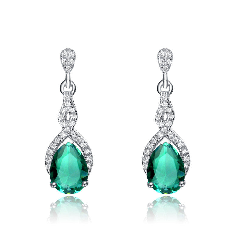 C.z. Sterling Silver Rhodium Plated Emerald Teardrop Earrings