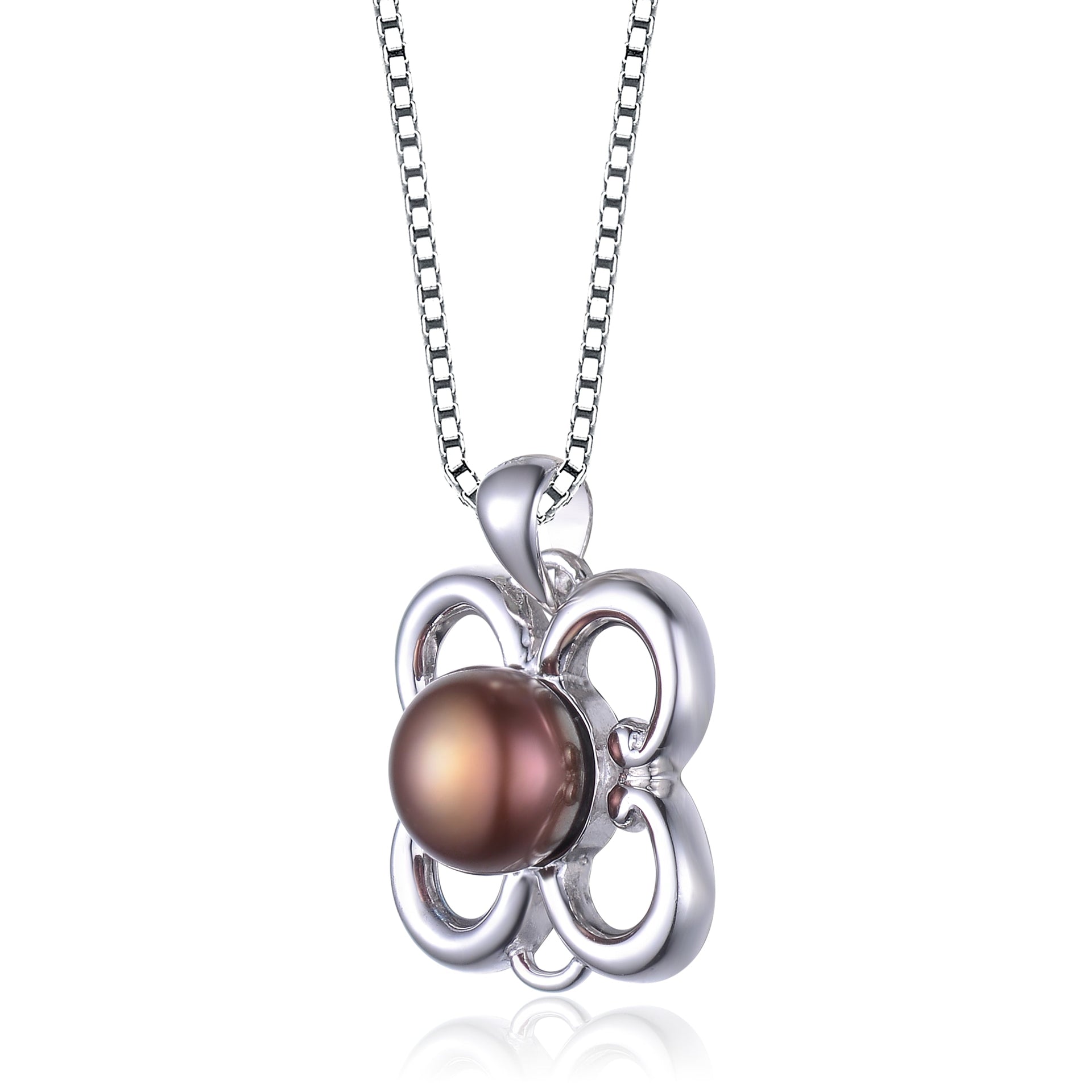 Sterling Silver Faux Brown Pearl Flower Shape Necklace