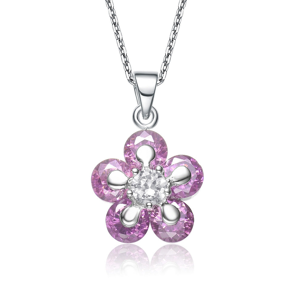 Sterling Silver Pink Cubic Zirconia Flower Charm Necklace